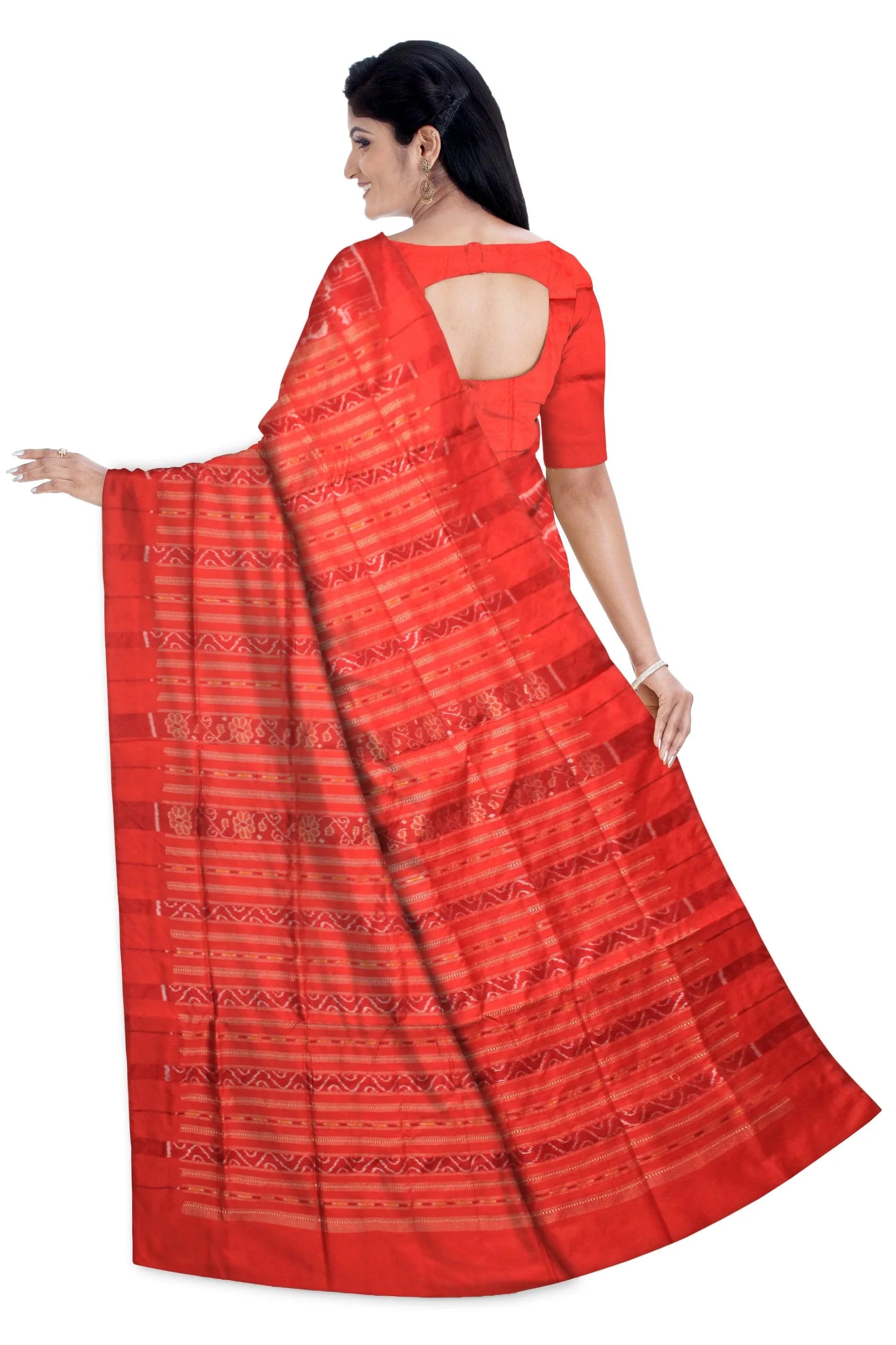 Red color Sambalpuri pata terracotta and tree design saree. - Koshali Arts & Crafts Enterprise