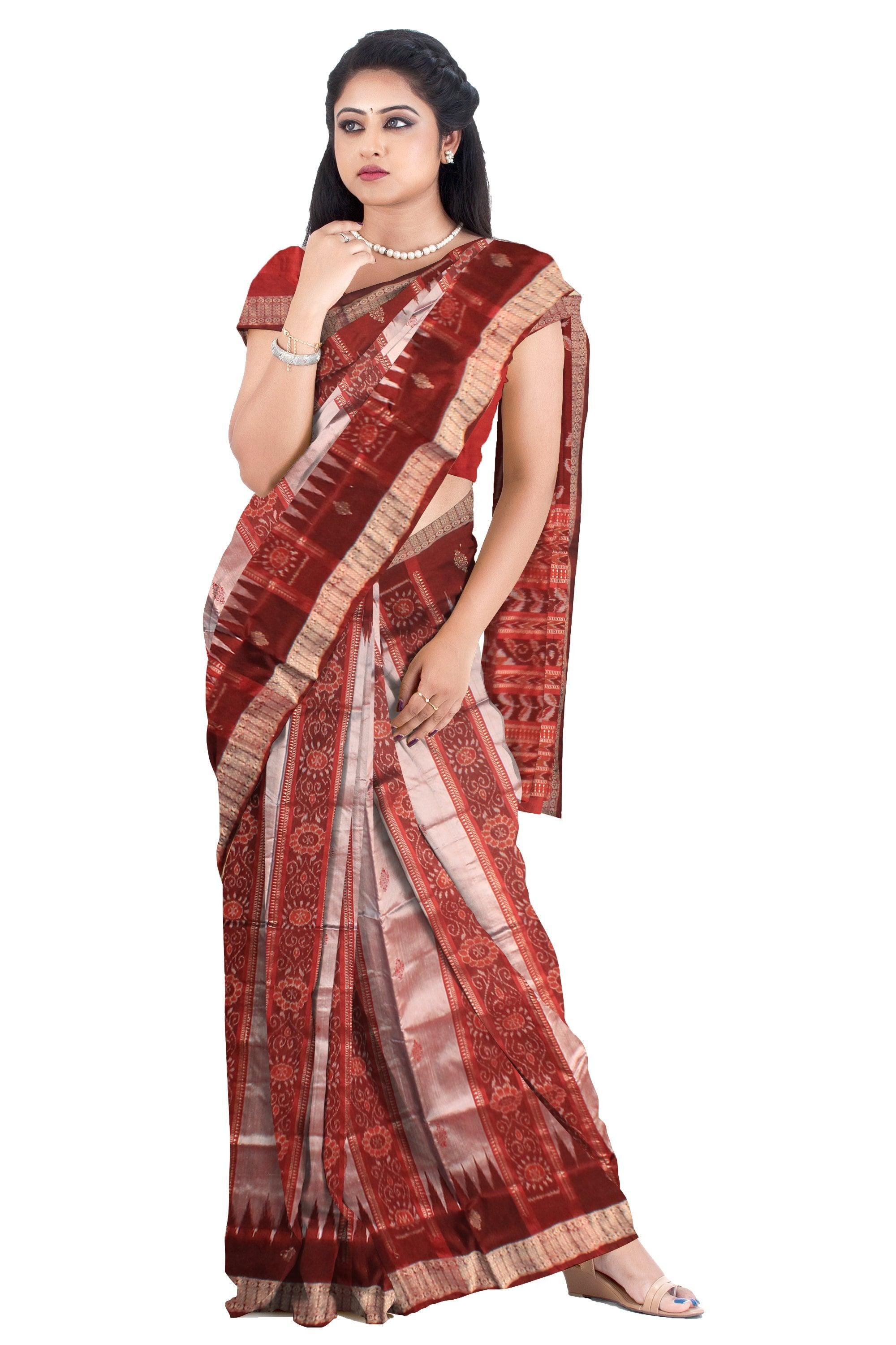 GRAY AND BROWN COLOR CHANDUA DESIGN PATA WITH BLOUSE PIECE. - Koshali Arts & Crafts Enterprise