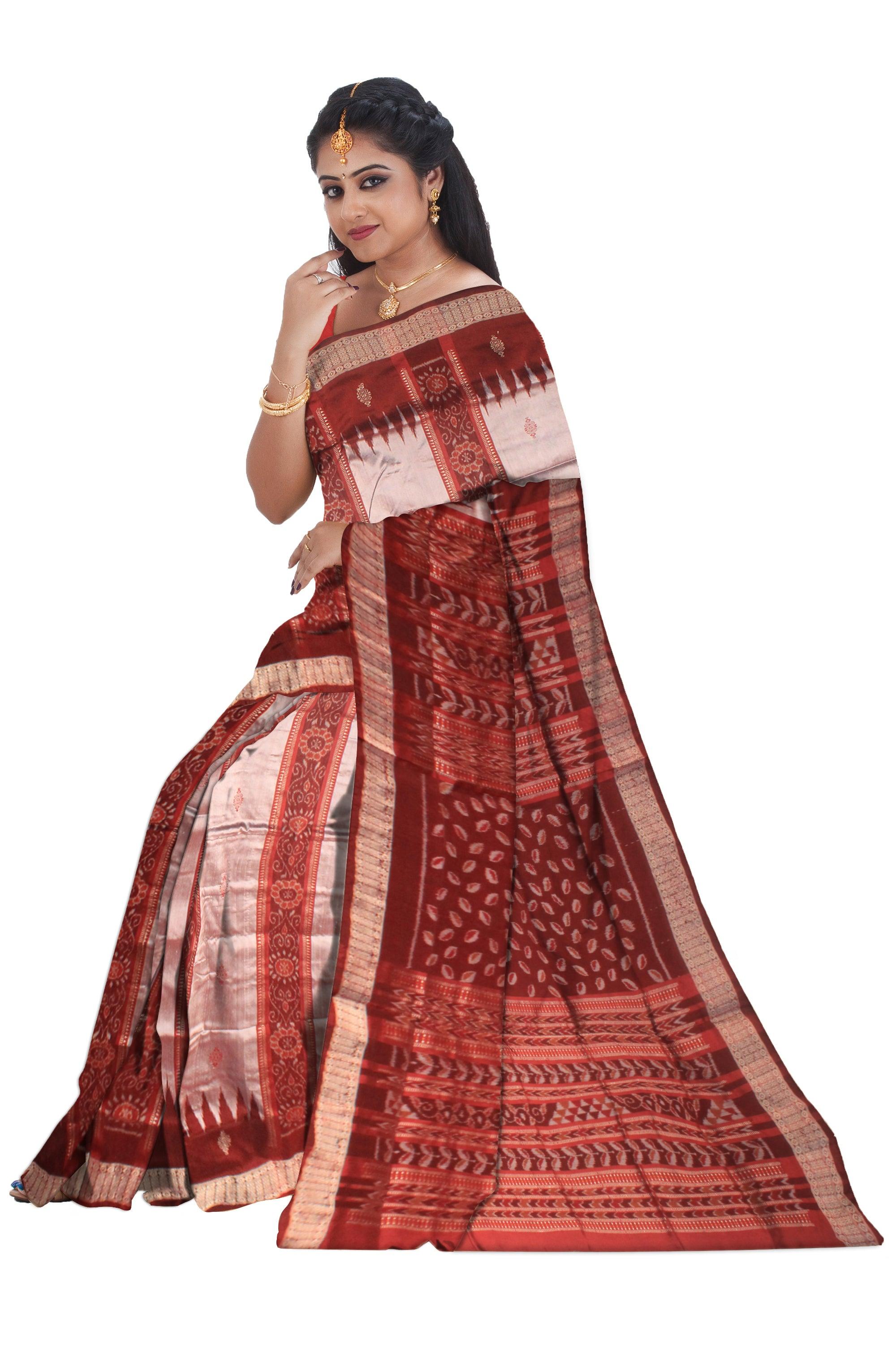 GRAY AND BROWN COLOR CHANDUA DESIGN PATA WITH BLOUSE PIECE. - Koshali Arts & Crafts Enterprise