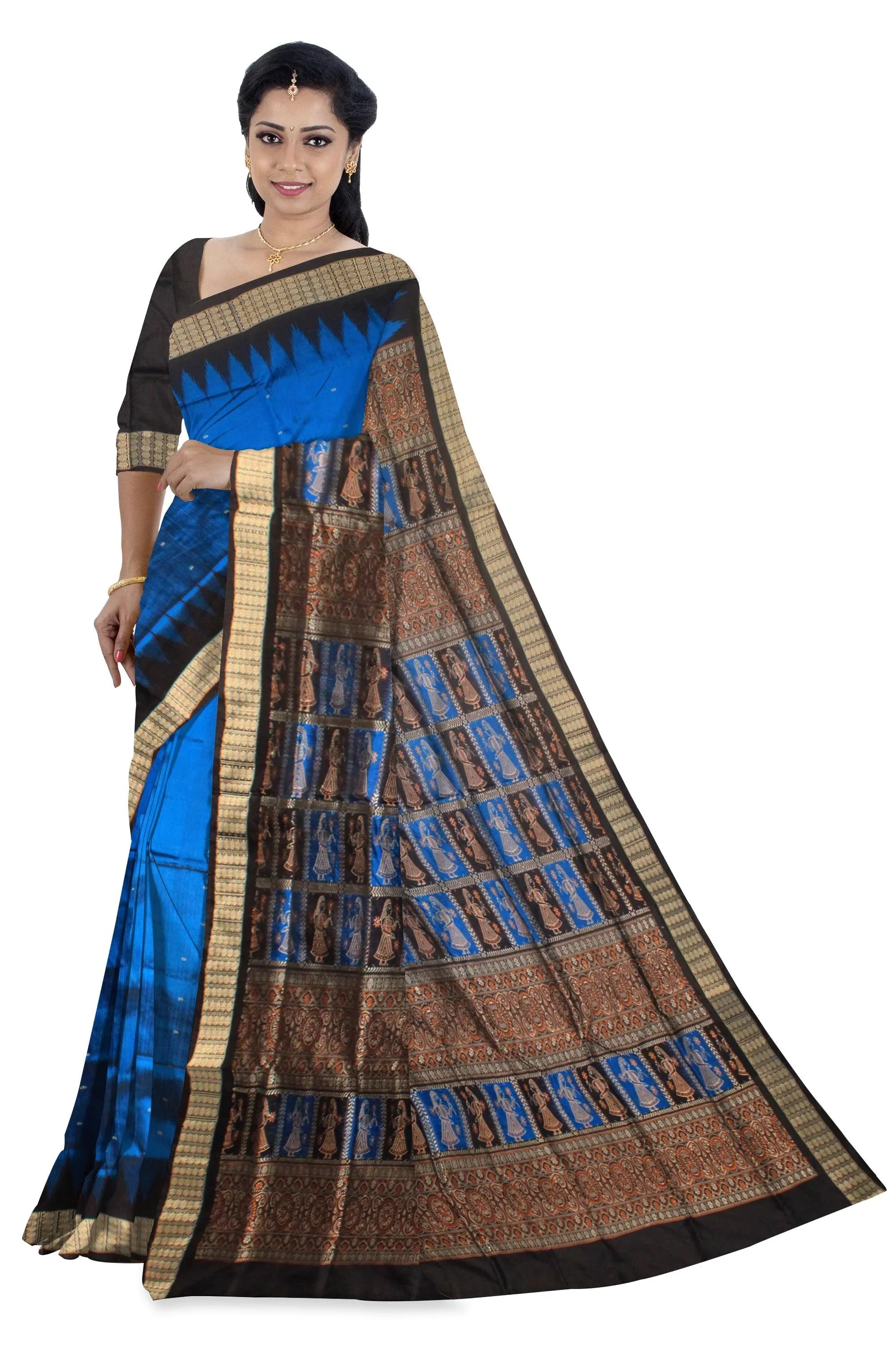 Sonepur doll print Pata saree in blue and black color. - Koshali Arts & Crafts Enterprise