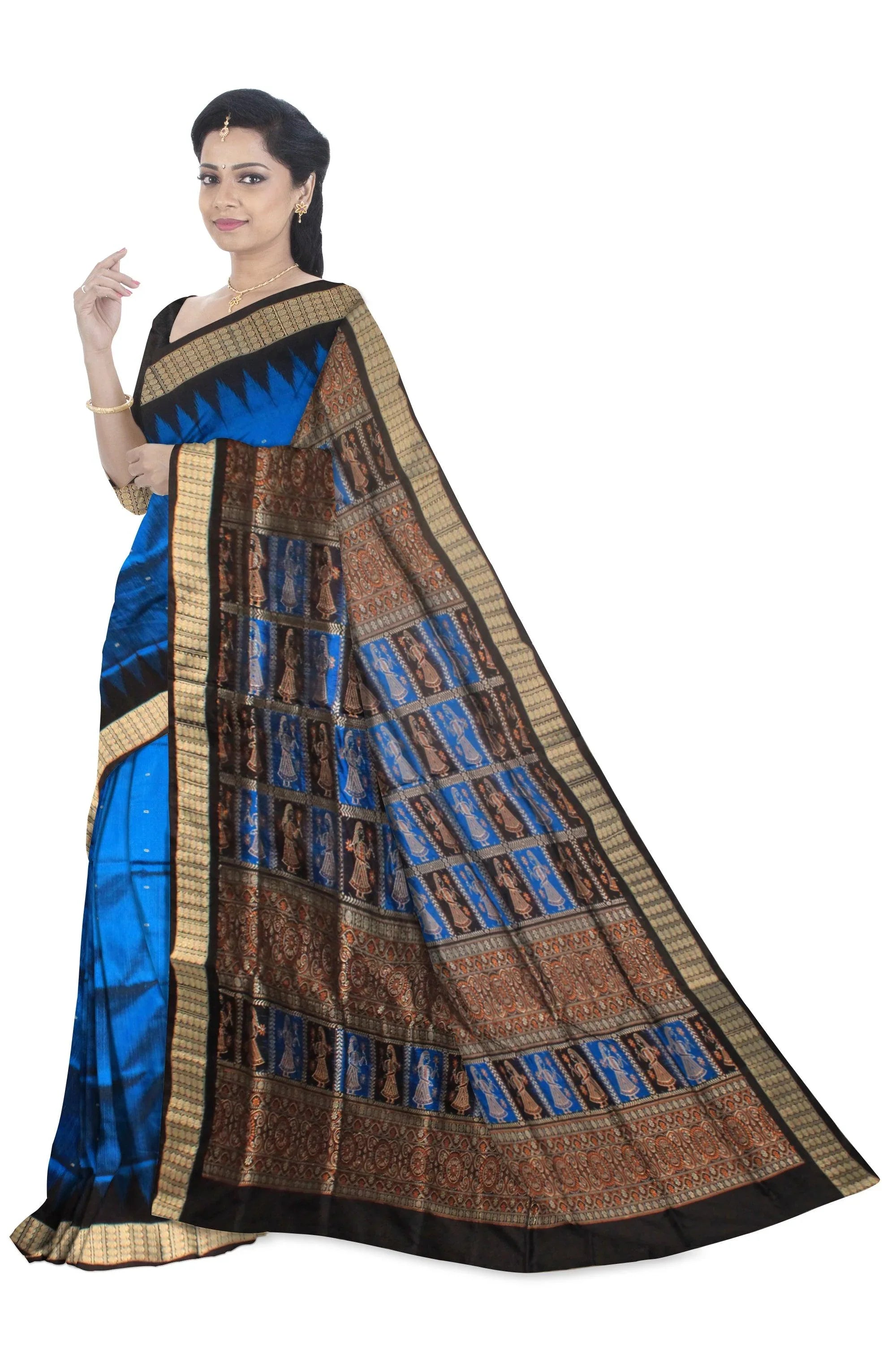 Sonepur doll print Pata saree in blue and black color. - Koshali Arts & Crafts Enterprise