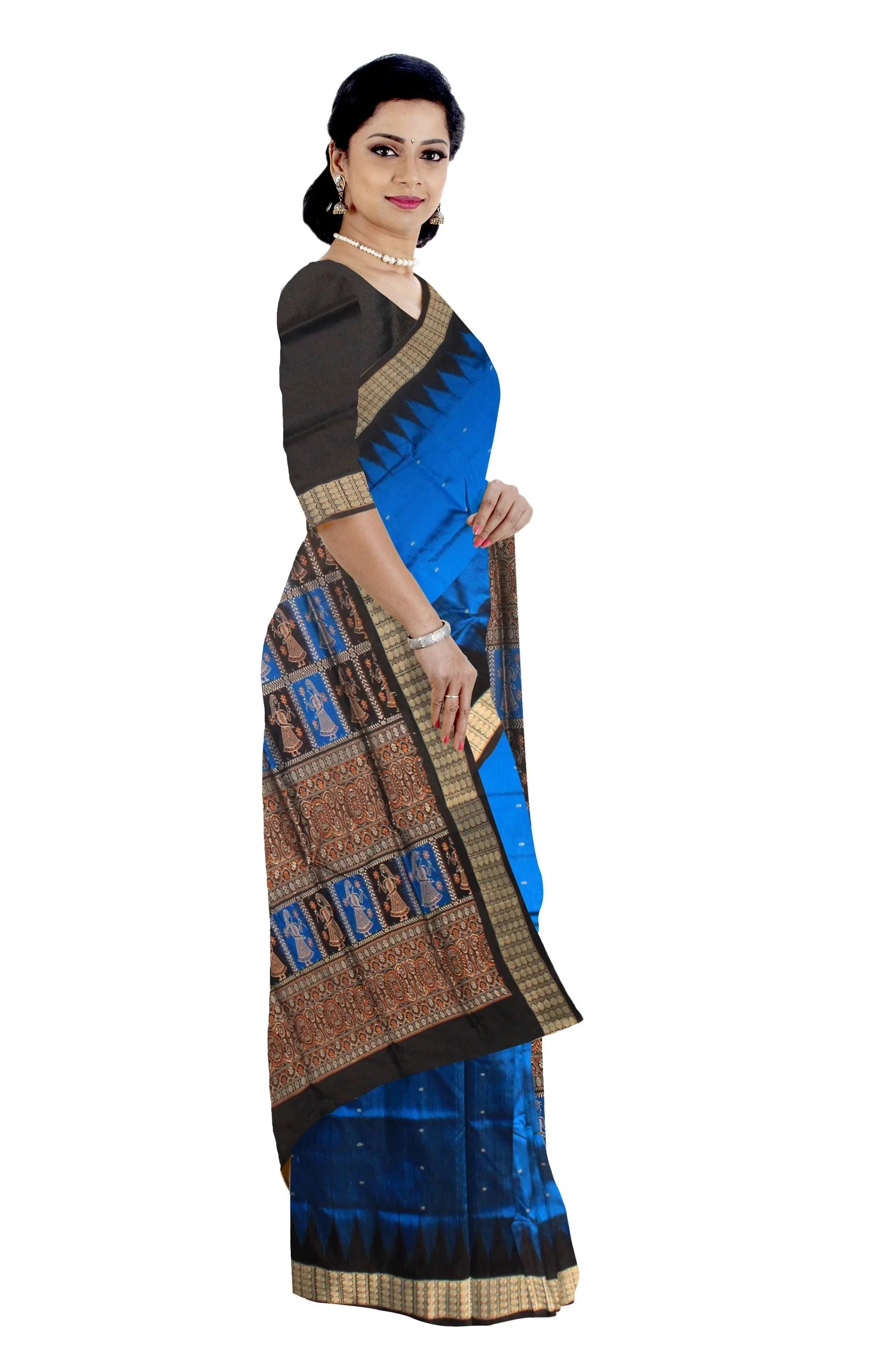 Sonepur doll print Pata saree in blue and black color. - Koshali Arts & Crafts Enterprise