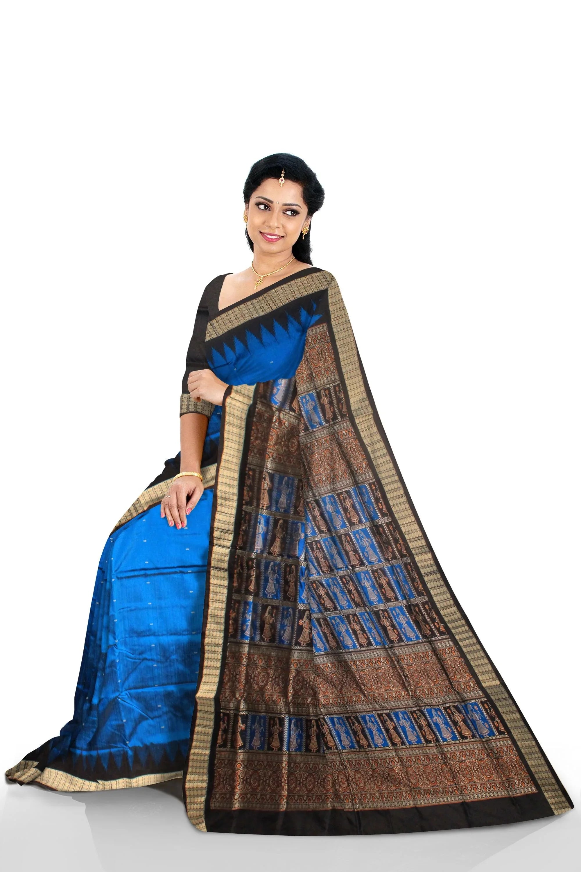 Sonepur doll print Pata saree in blue and black color. - Koshali Arts & Crafts Enterprise