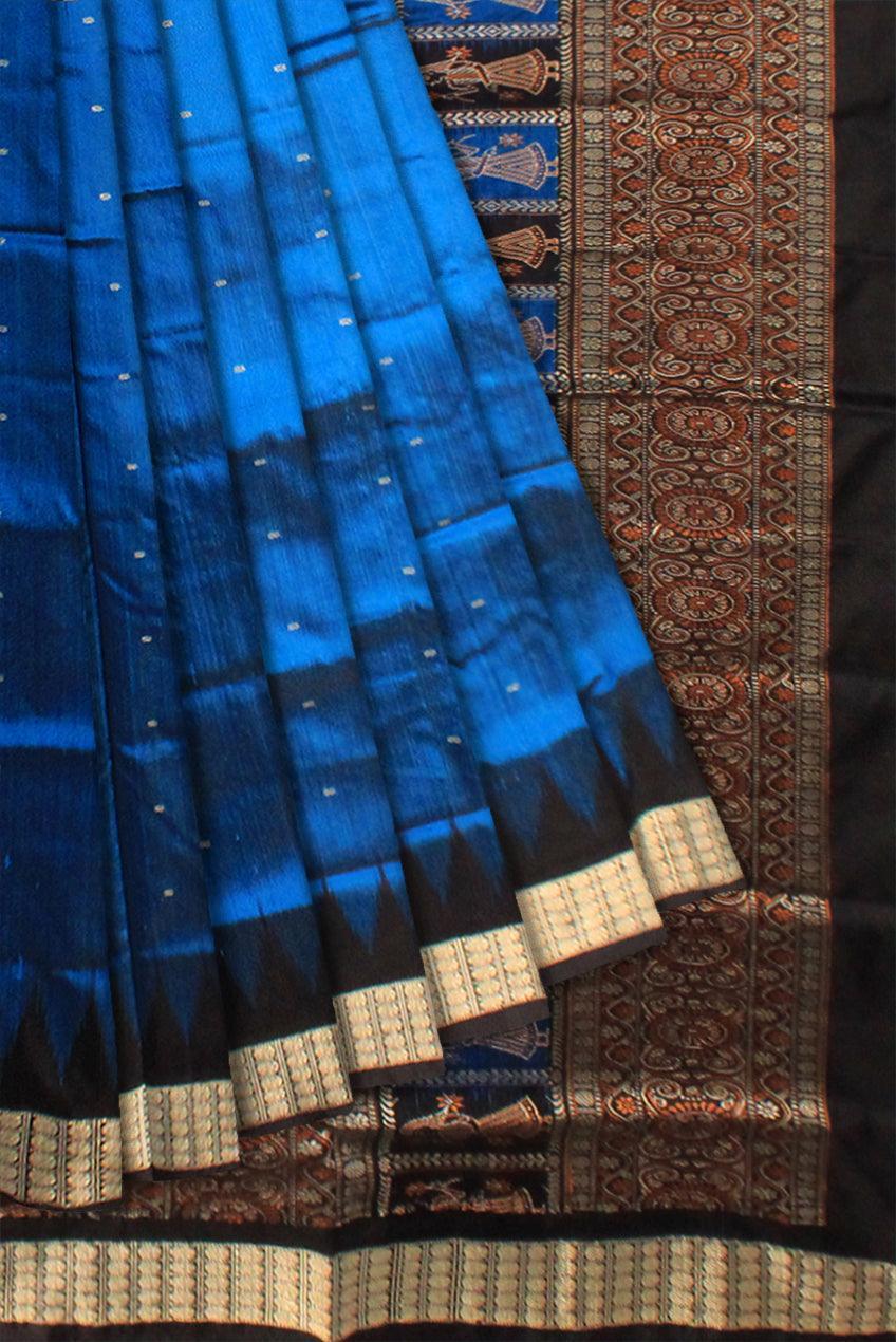 Sonepur doll print Pata saree in blue and black color. - Koshali Arts & Crafts Enterprise