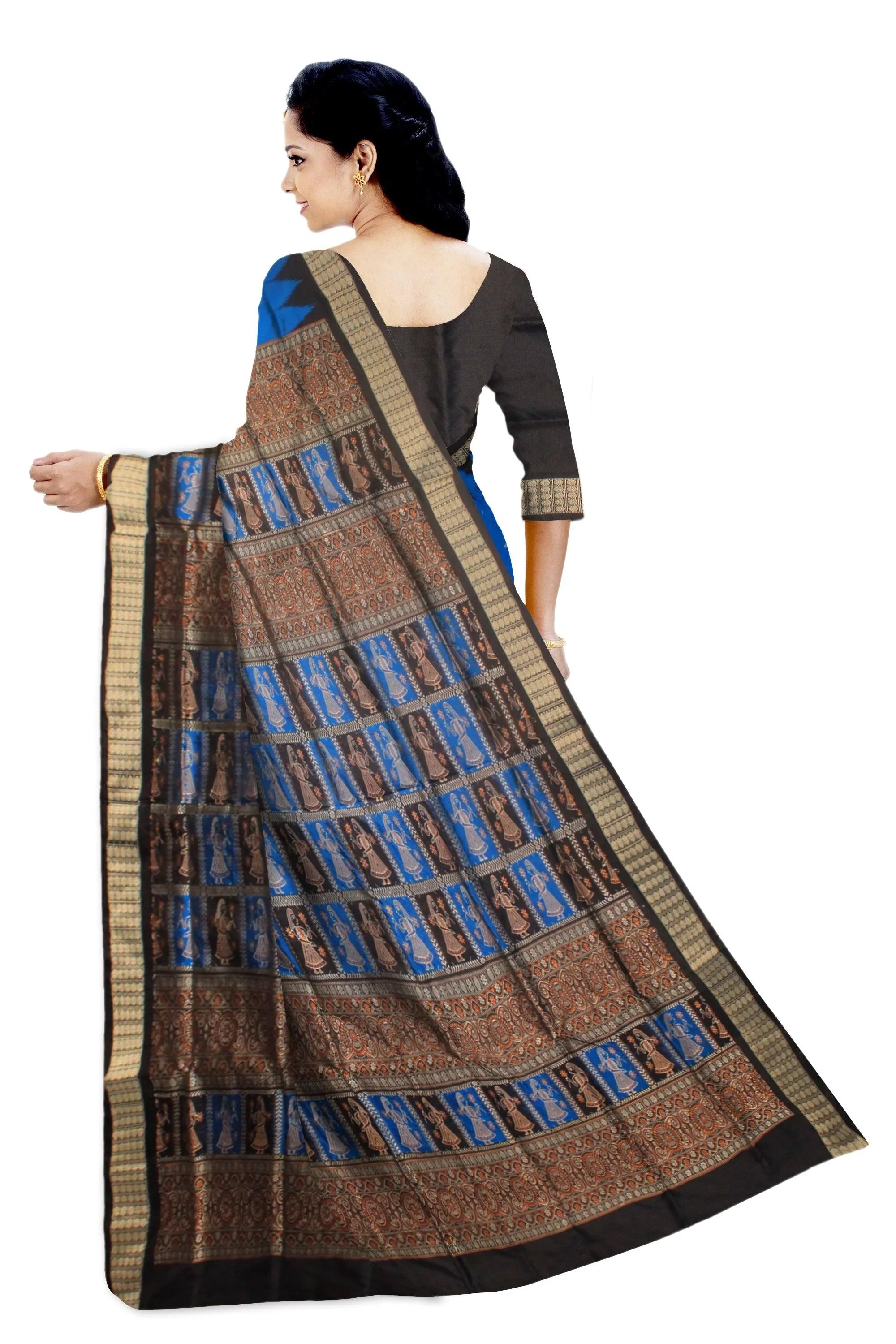 Sonepur doll print Pata saree in blue and black color. - Koshali Arts & Crafts Enterprise