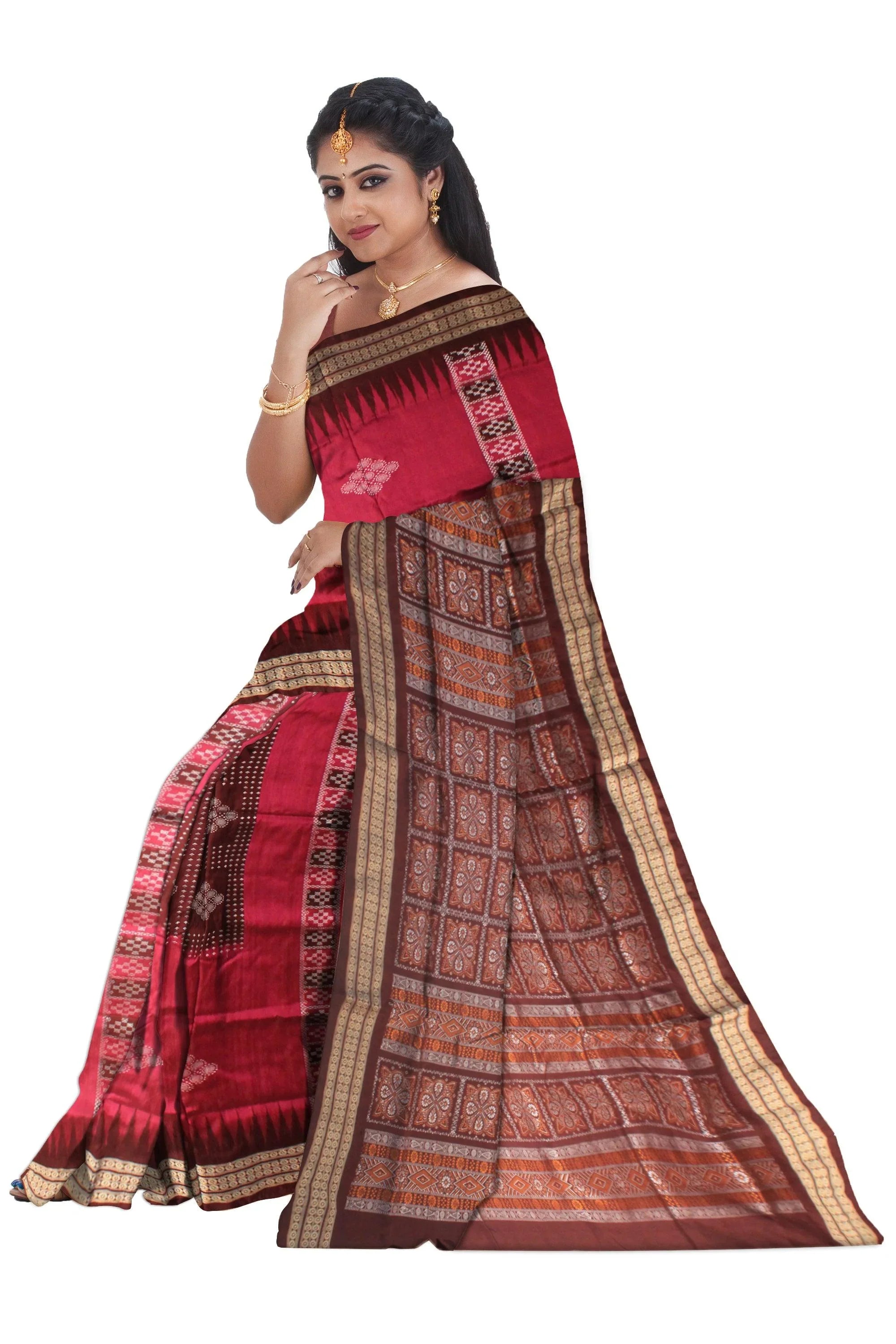 Rosepink color Pata saree with flower. - Koshali Arts & Crafts Enterprise