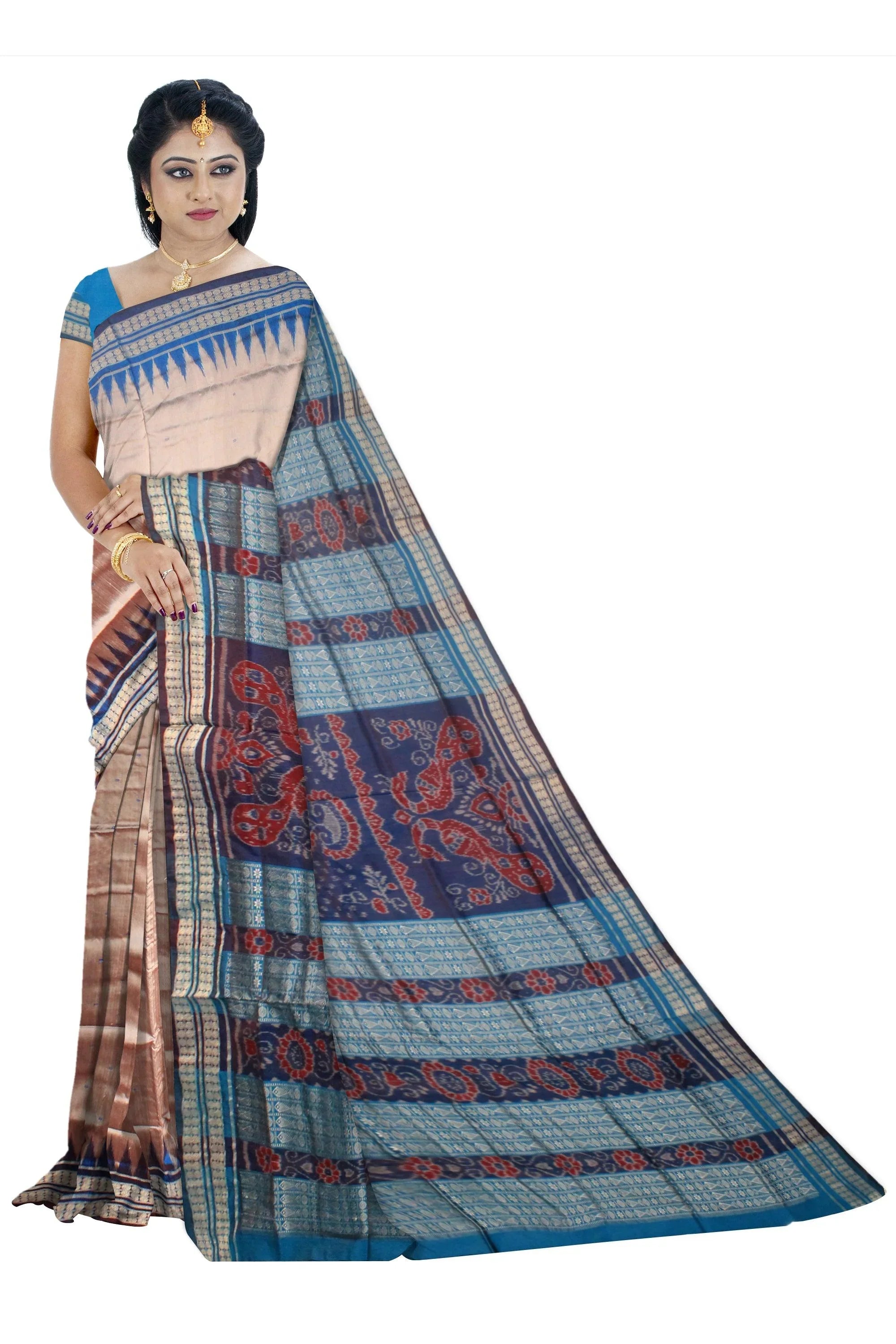 Exclusive Sambalpuri Pata saree in silver and sky blue color. - Koshali Arts & Crafts Enterprise
