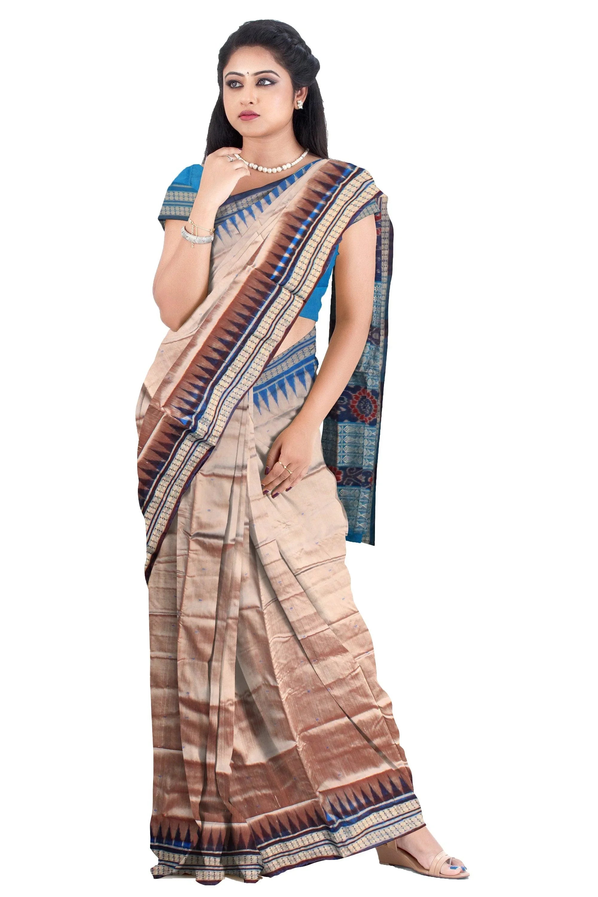 Exclusive Sambalpuri Pata saree in silver and sky blue color. - Koshali Arts & Crafts Enterprise