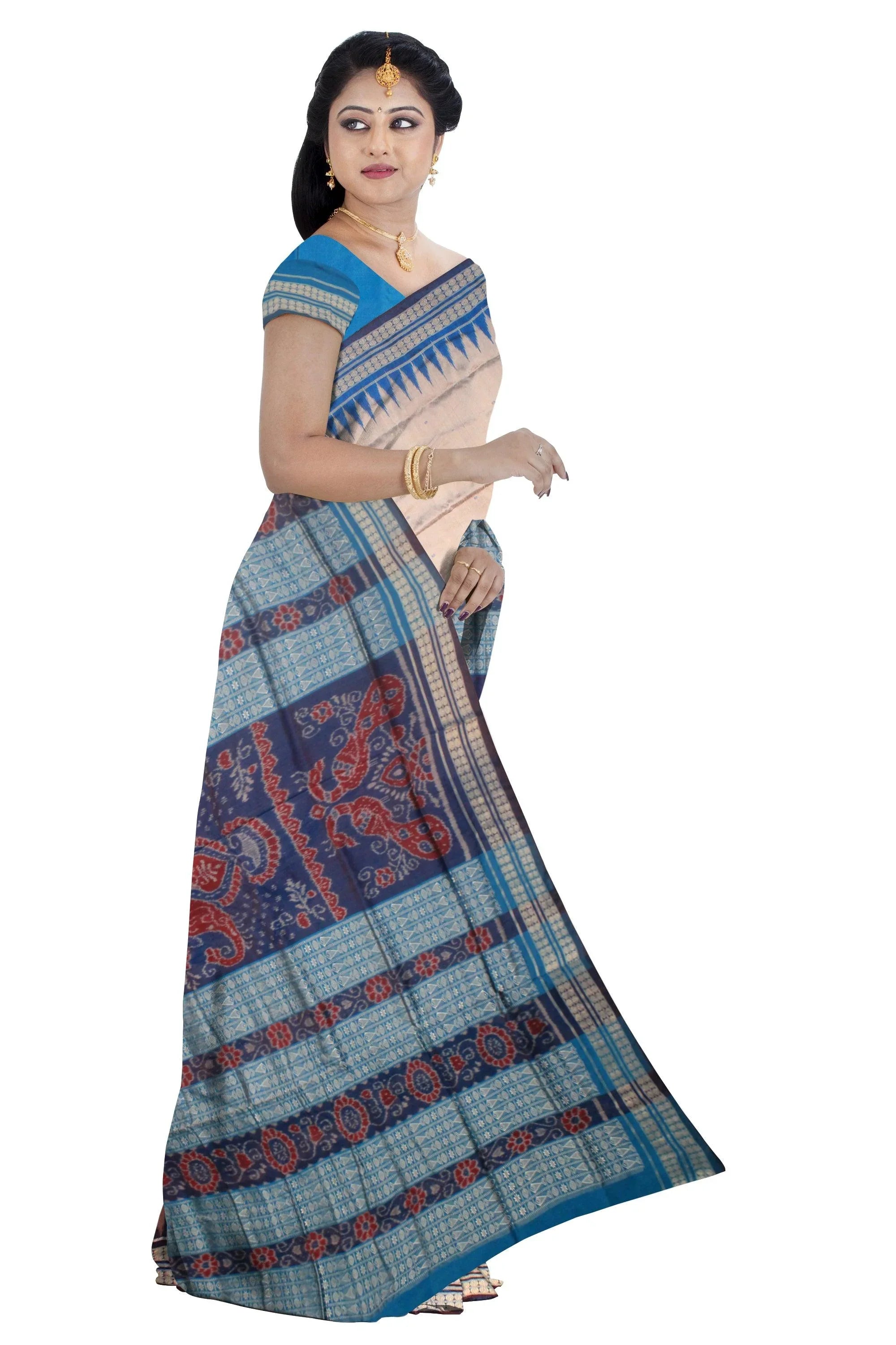 Exclusive Sambalpuri Pata saree in silver and sky blue color. - Koshali Arts & Crafts Enterprise