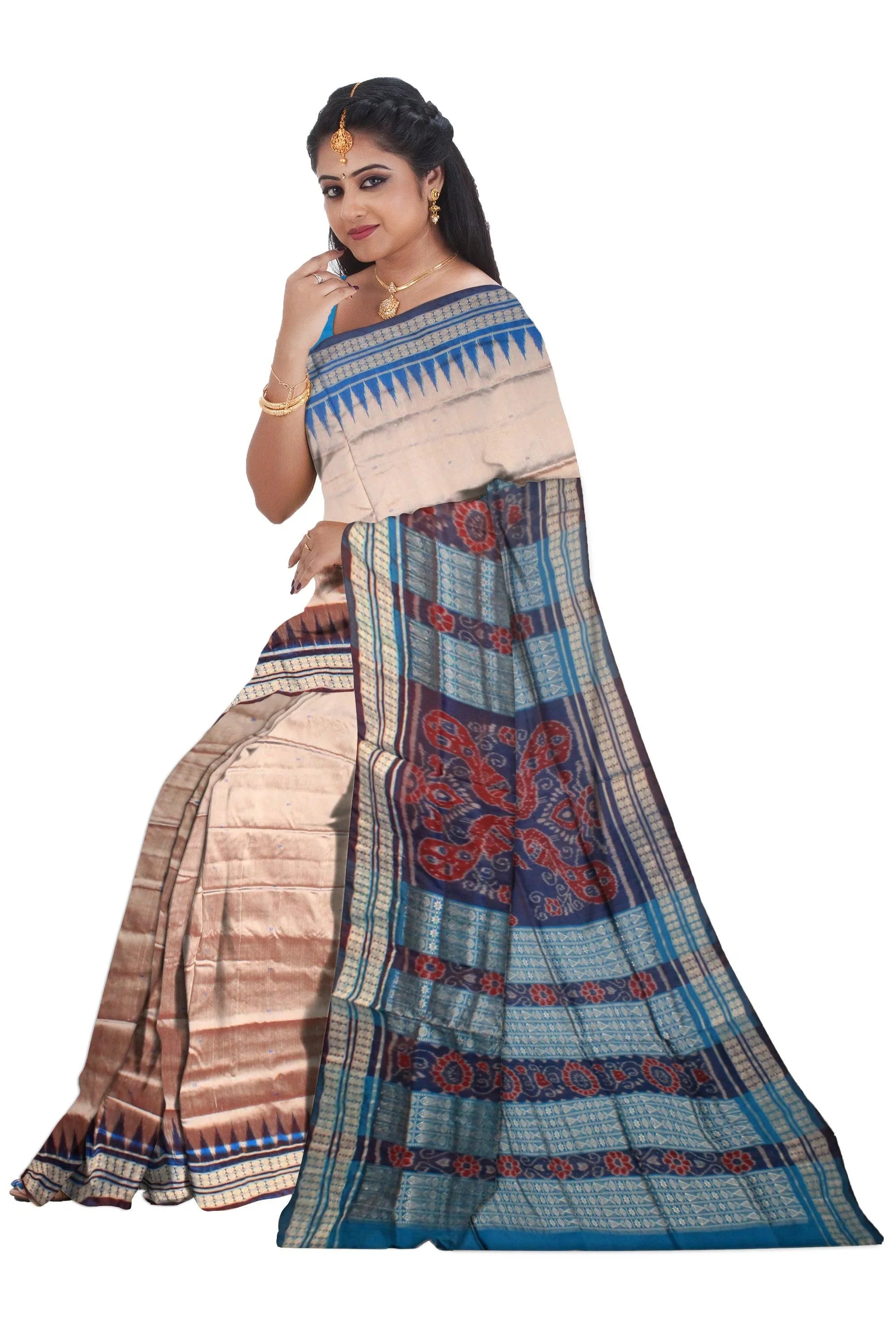 Exclusive Sambalpuri Pata saree in silver and sky blue color. - Koshali Arts & Crafts Enterprise
