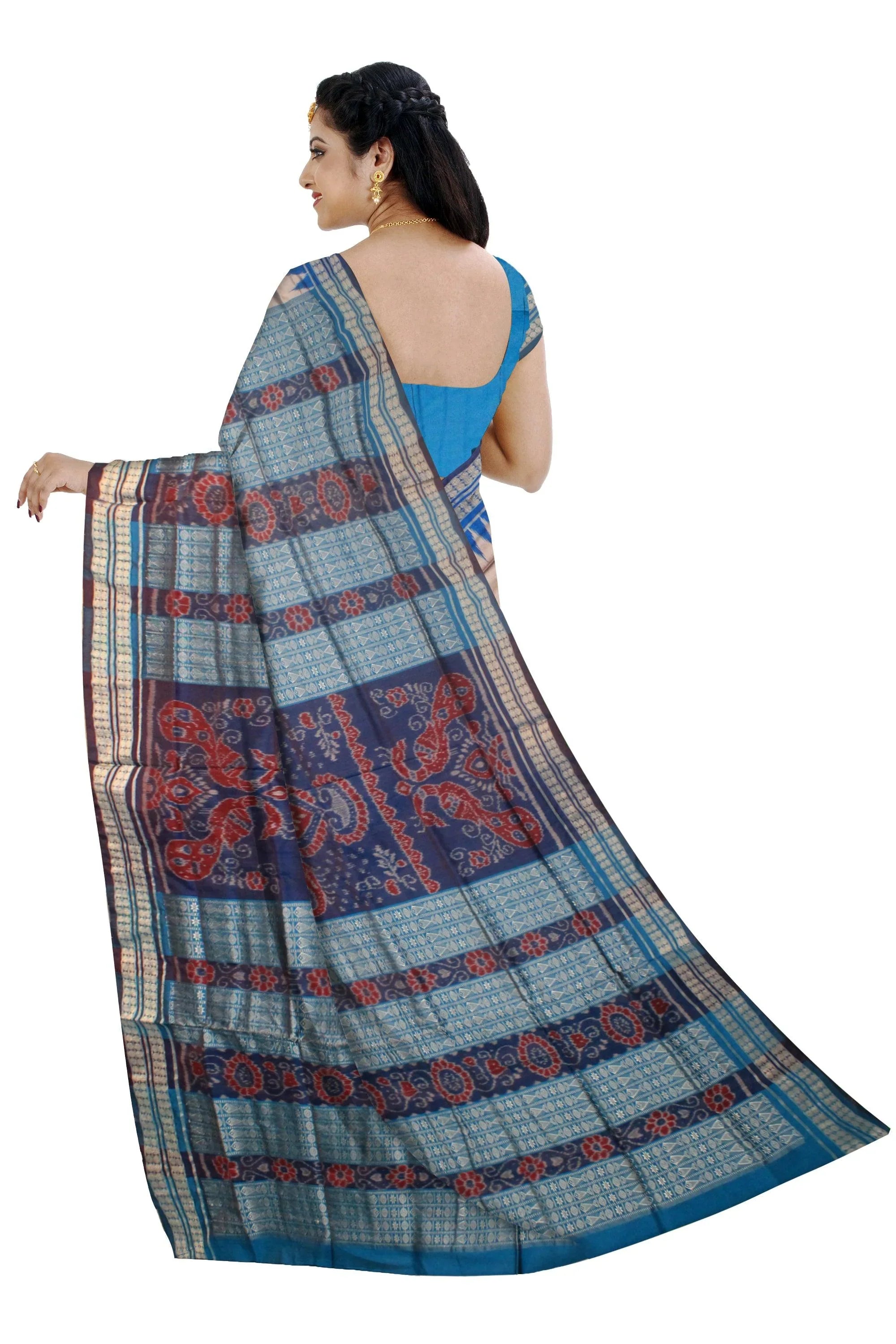 Exclusive Sambalpuri Pata saree in silver and sky blue color. - Koshali Arts & Crafts Enterprise