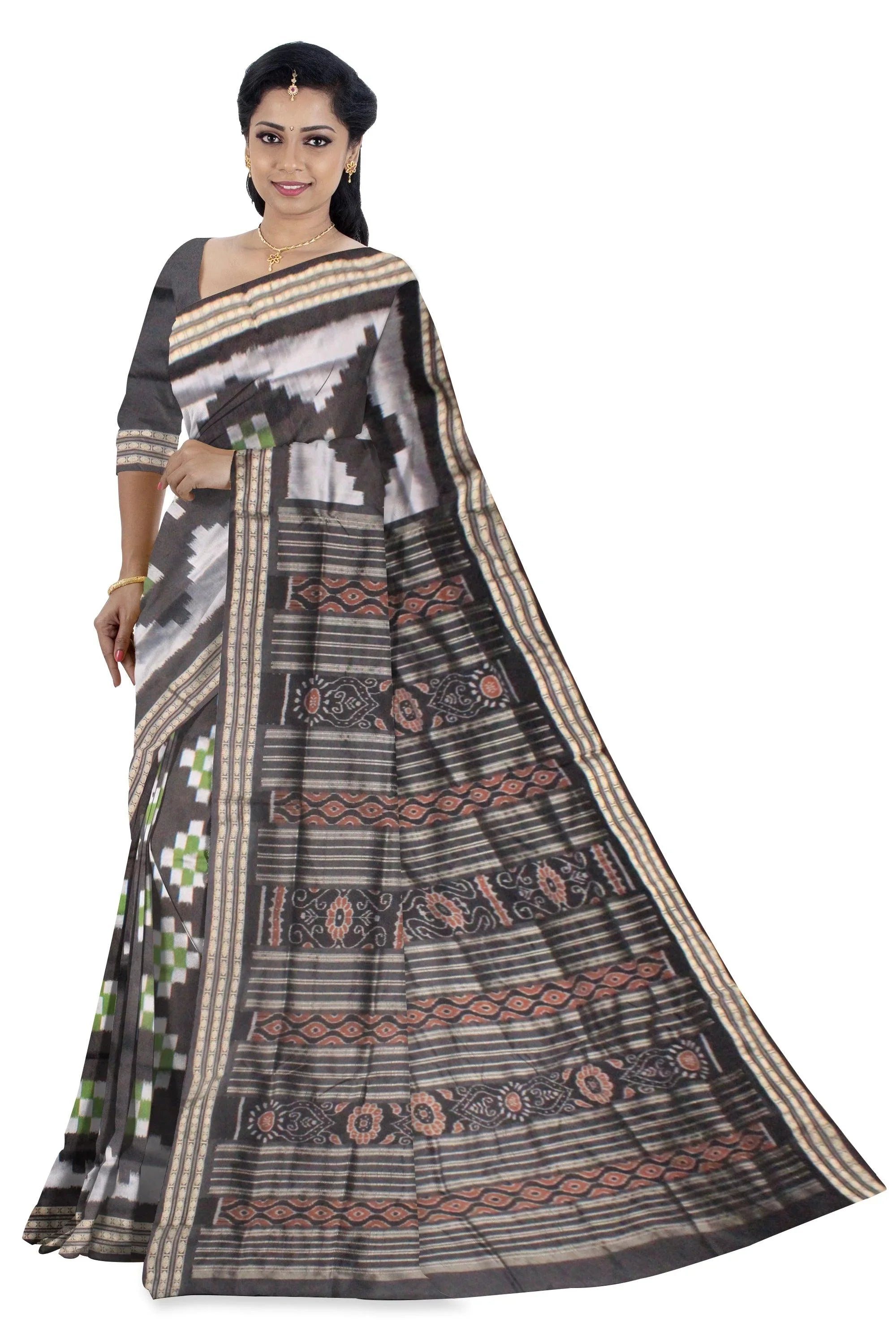 SAMBALPURI SAPTA PATA SAREE IN DARK GREEN AND BLACK COLOR WITH BLOUSE PIECE - Koshali Arts & Crafts Enterprise