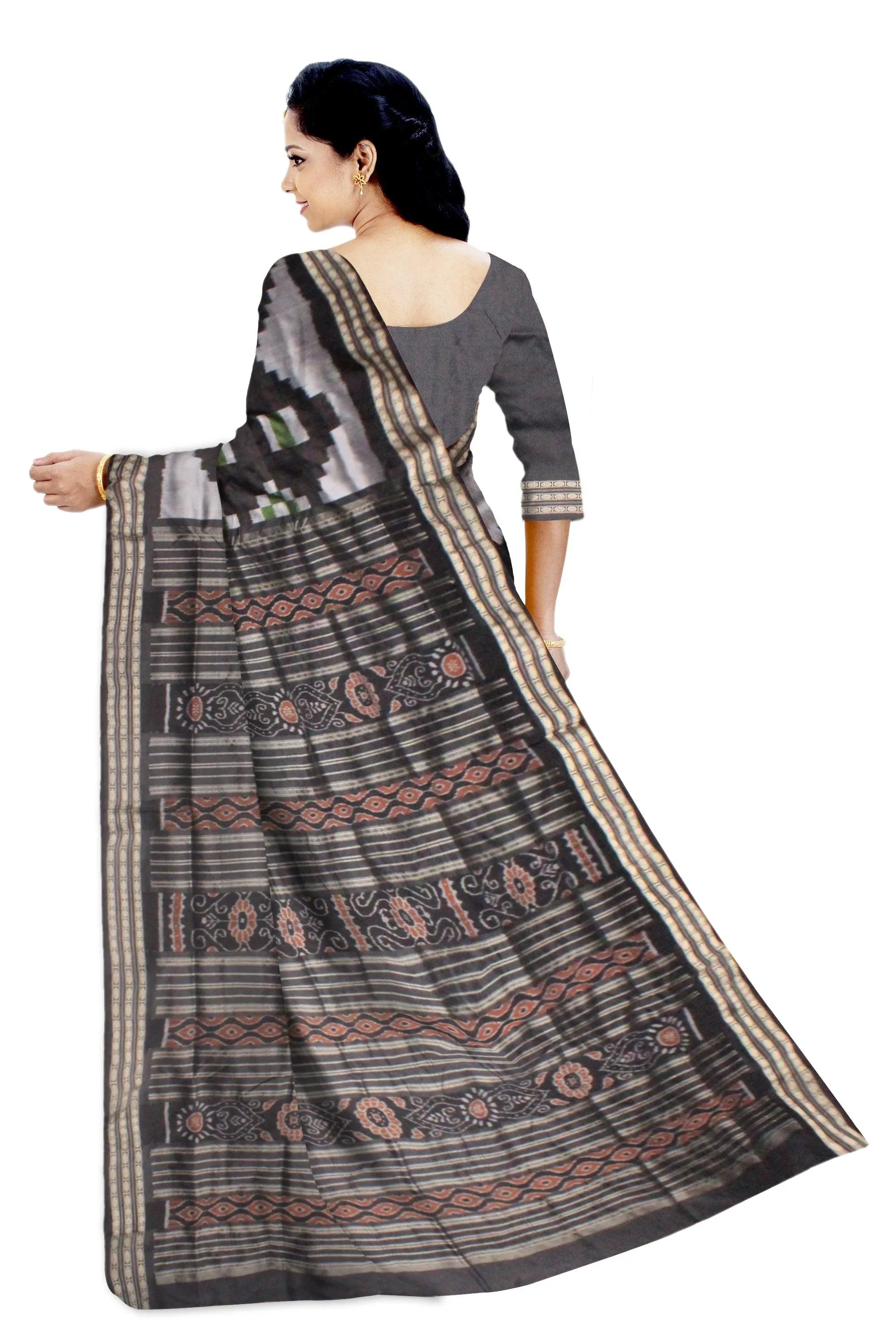 SAMBALPURI SAPTA PATA SAREE IN DARK GREEN AND BLACK COLOR WITH BLOUSE PIECE - Koshali Arts & Crafts Enterprise