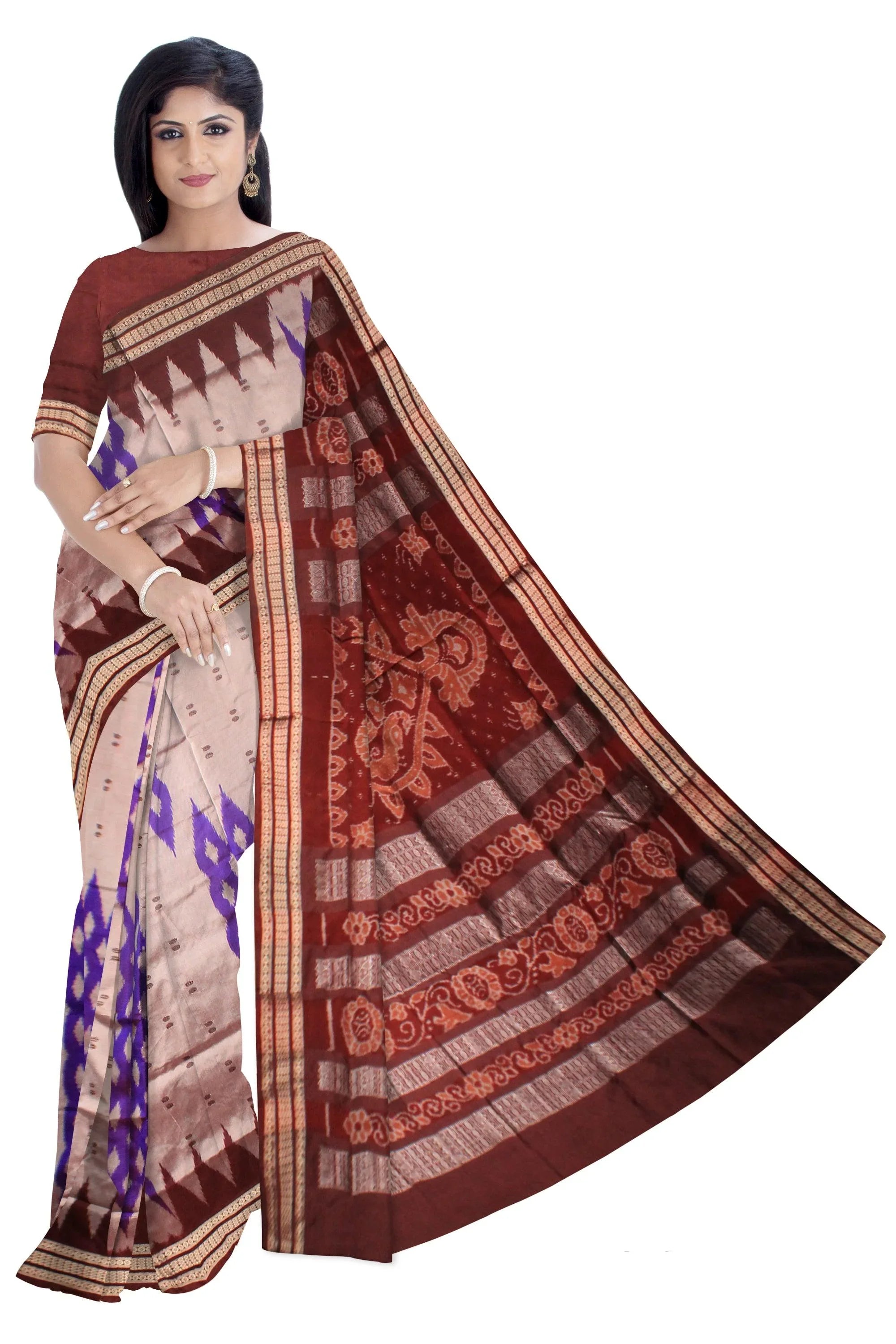 Designed silver,blue and brown color pata saree. - Koshali Arts & Crafts Enterprise