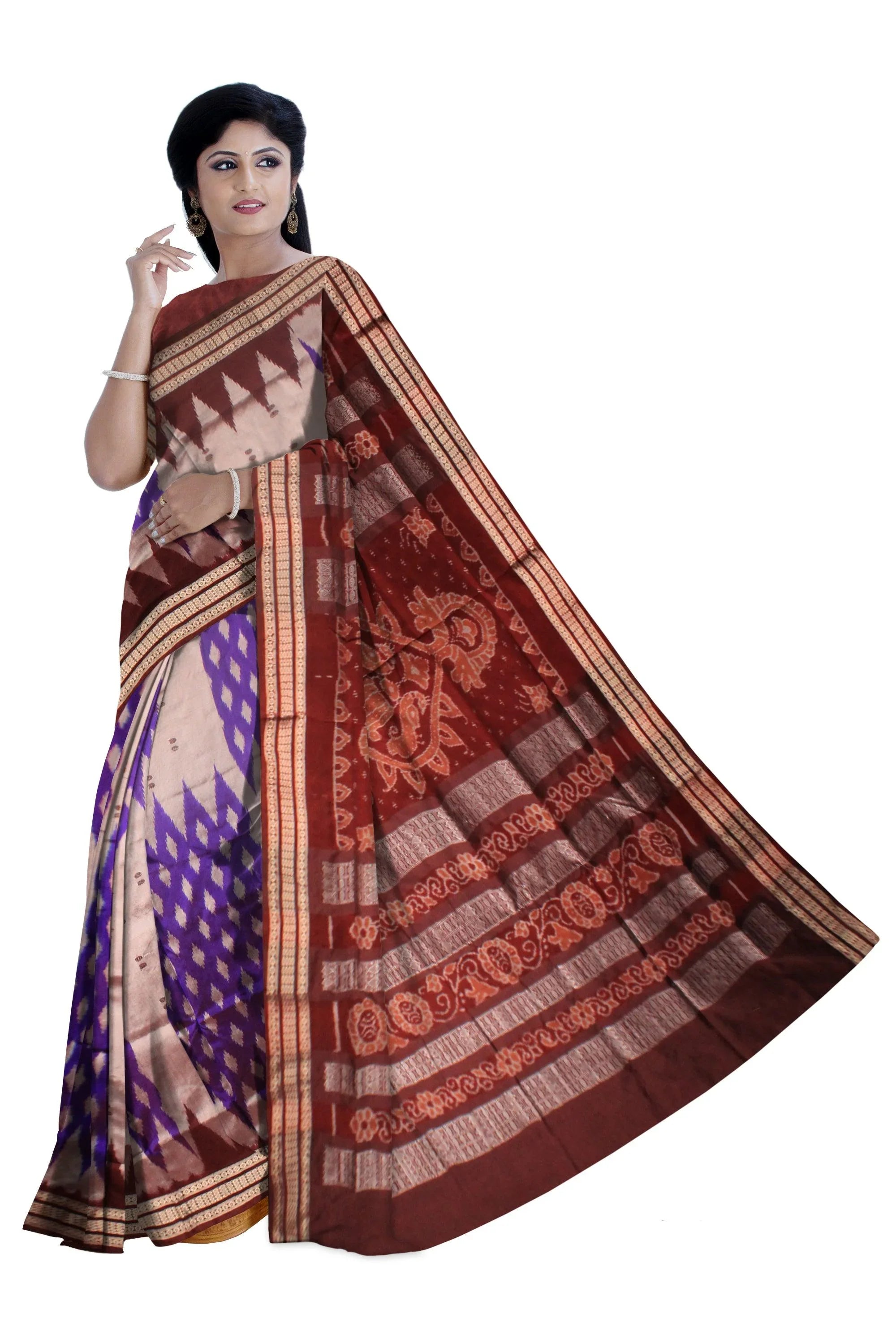 Designed silver,blue and brown color pata saree. - Koshali Arts & Crafts Enterprise