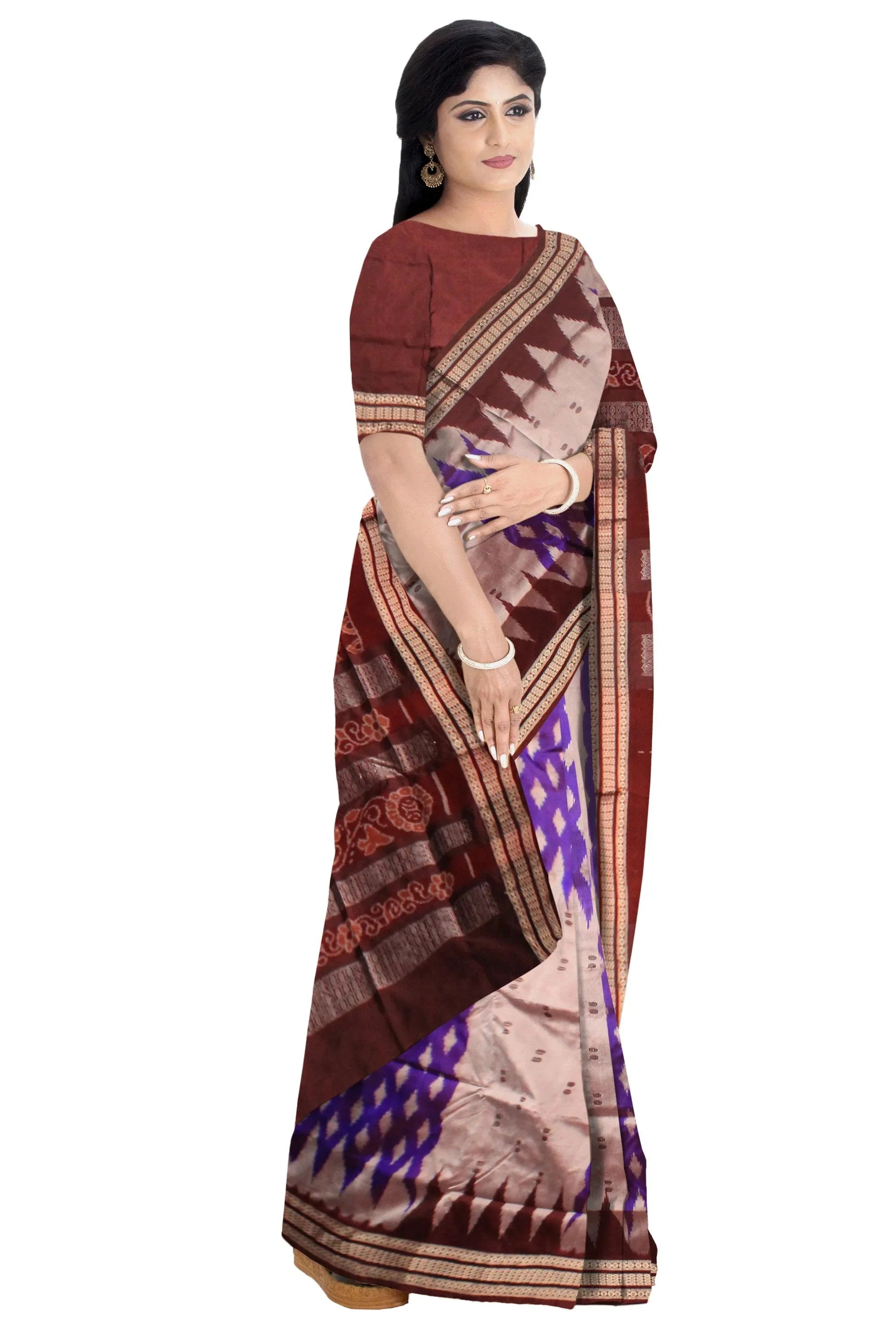 Designed silver,blue and brown color pata saree. - Koshali Arts & Crafts Enterprise