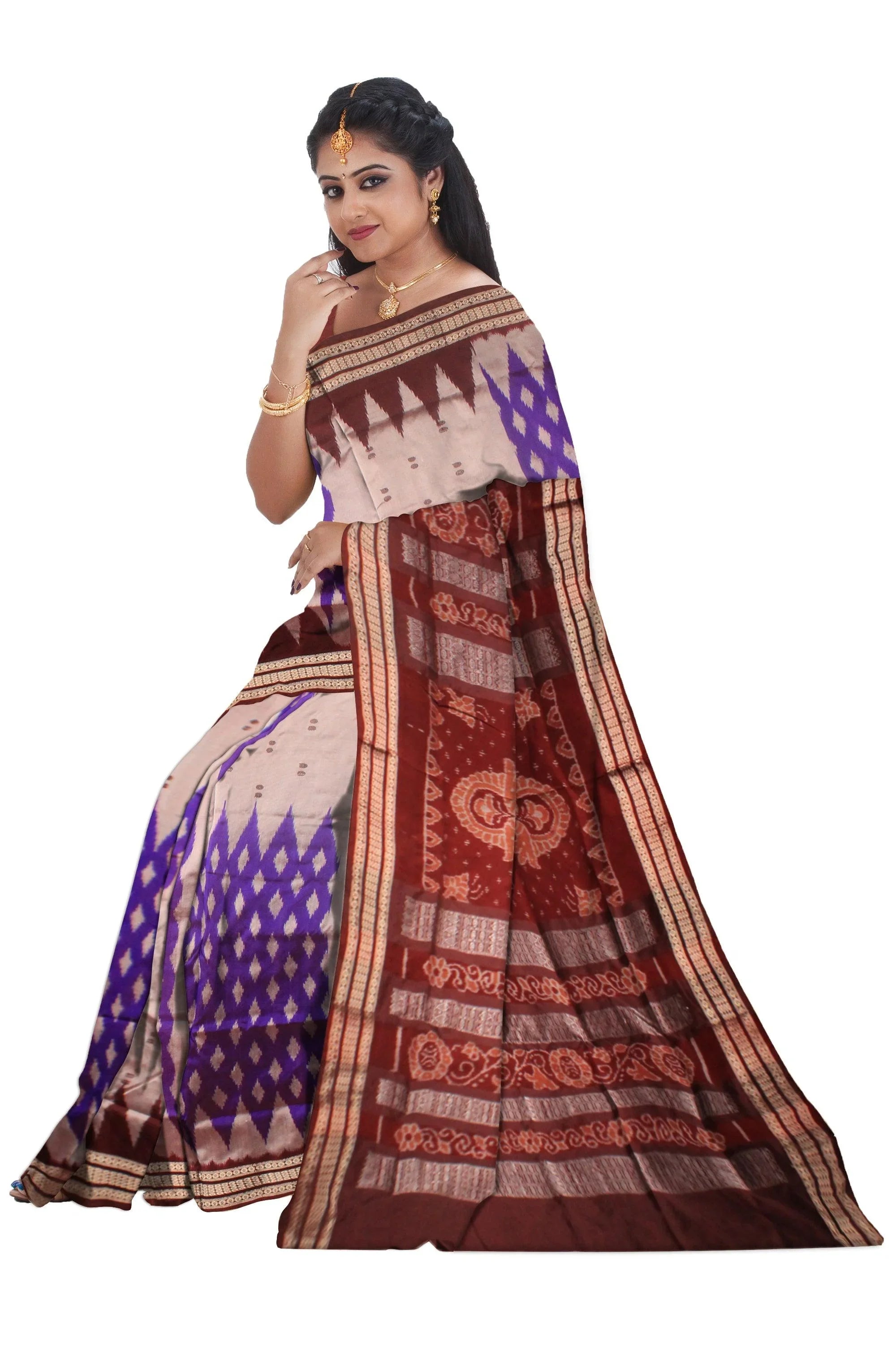 Designed silver,blue and brown color pata saree. - Koshali Arts & Crafts Enterprise