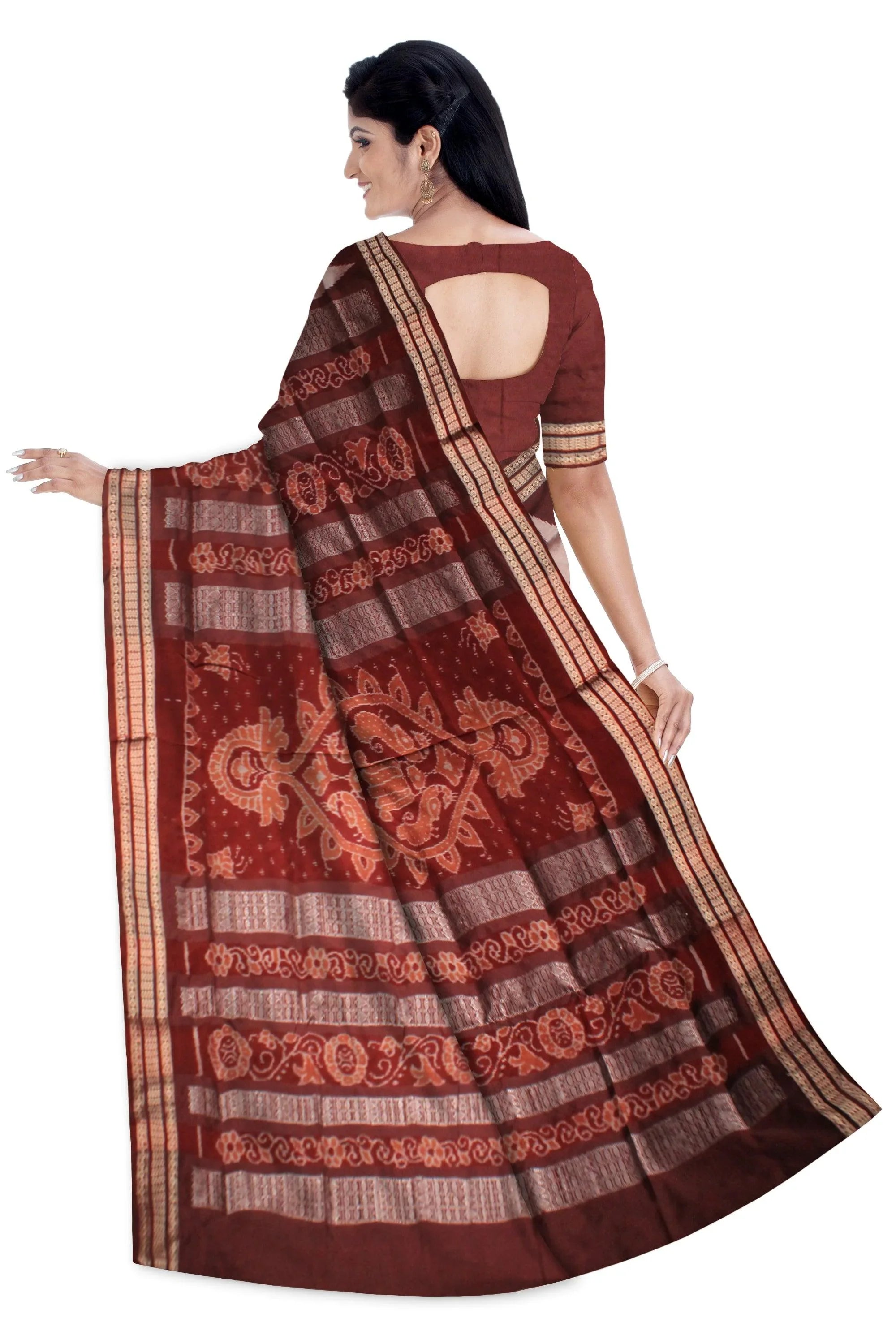 Designed silver,blue and brown color pata saree. - Koshali Arts & Crafts Enterprise