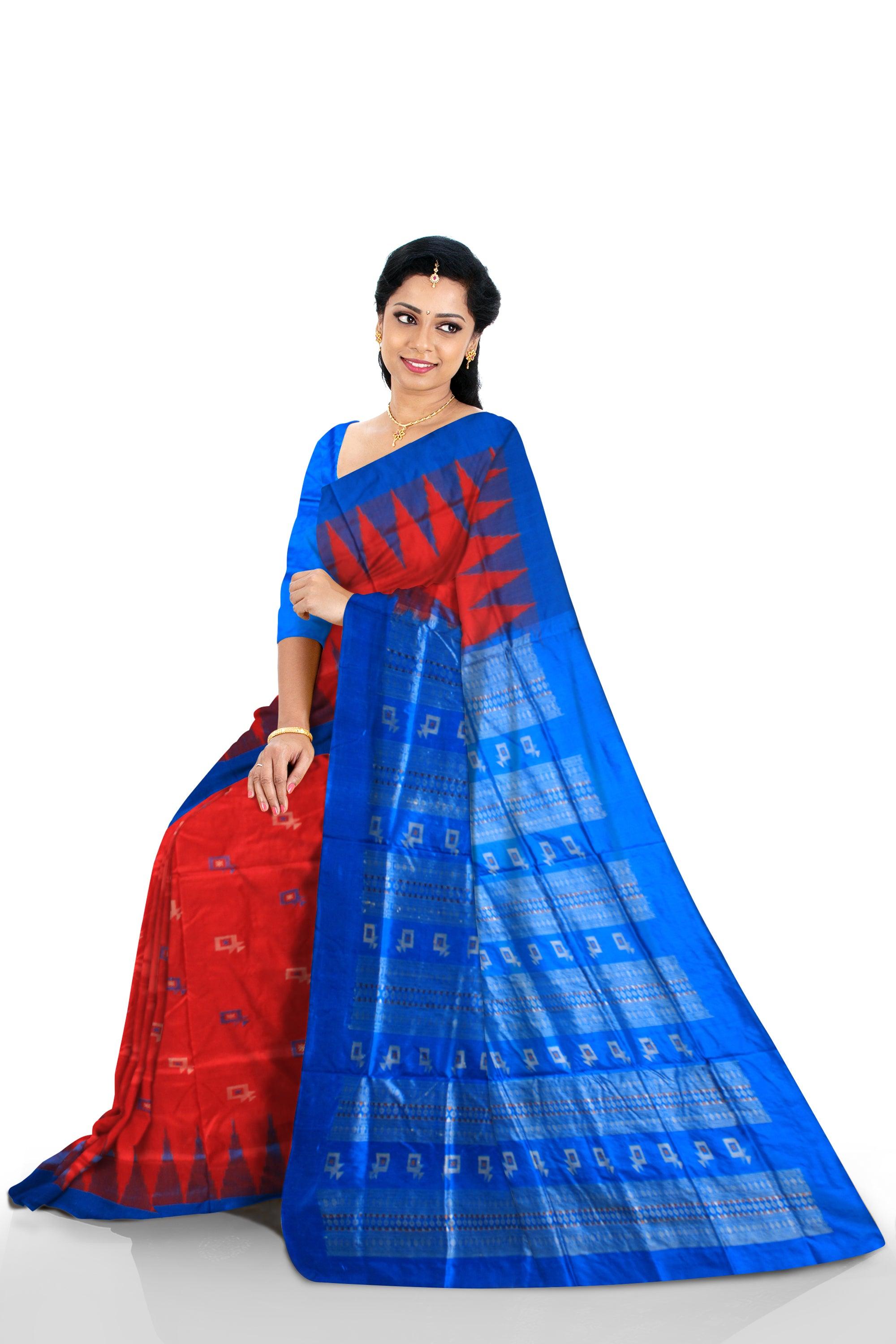 A Sambalpuri pata saree in Red and Blue color kite design with blouse piece. - Koshali Arts & Crafts Enterprise