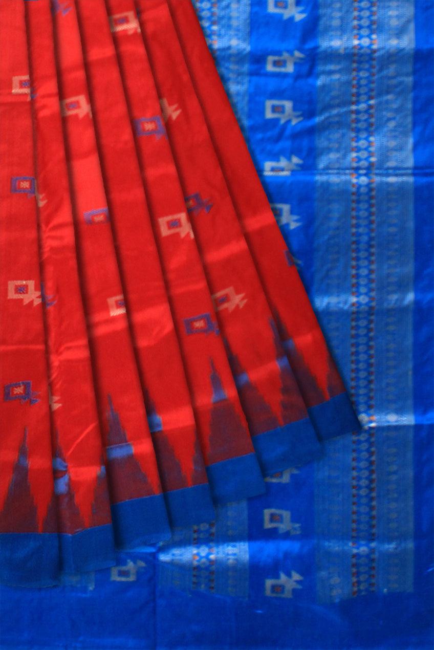 A Sambalpuri pata saree in Red and Blue color kite design with blouse piece. - Koshali Arts & Crafts Enterprise