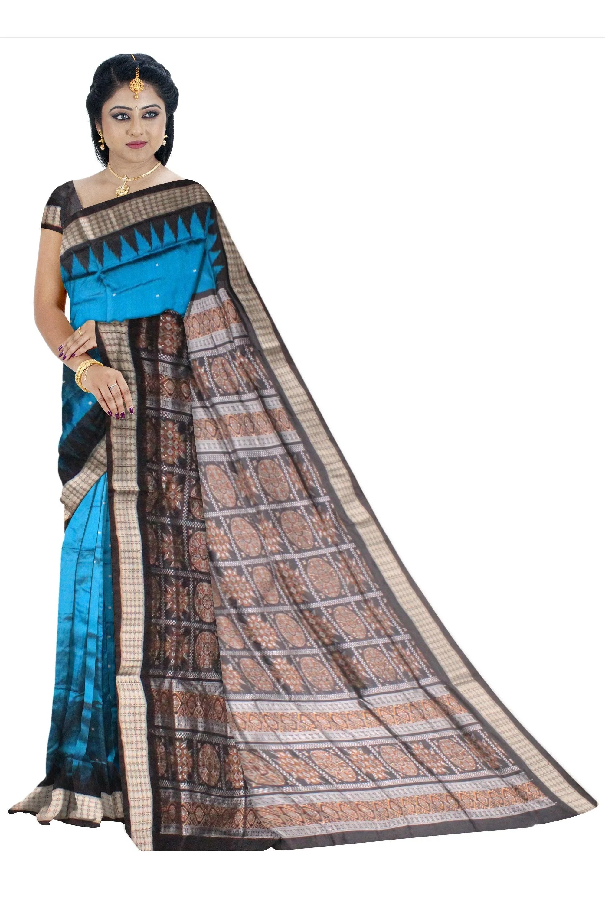 Blue color Sambalpuri Pata Saree, pallu print is flower design. - Koshali Arts & Crafts Enterprise