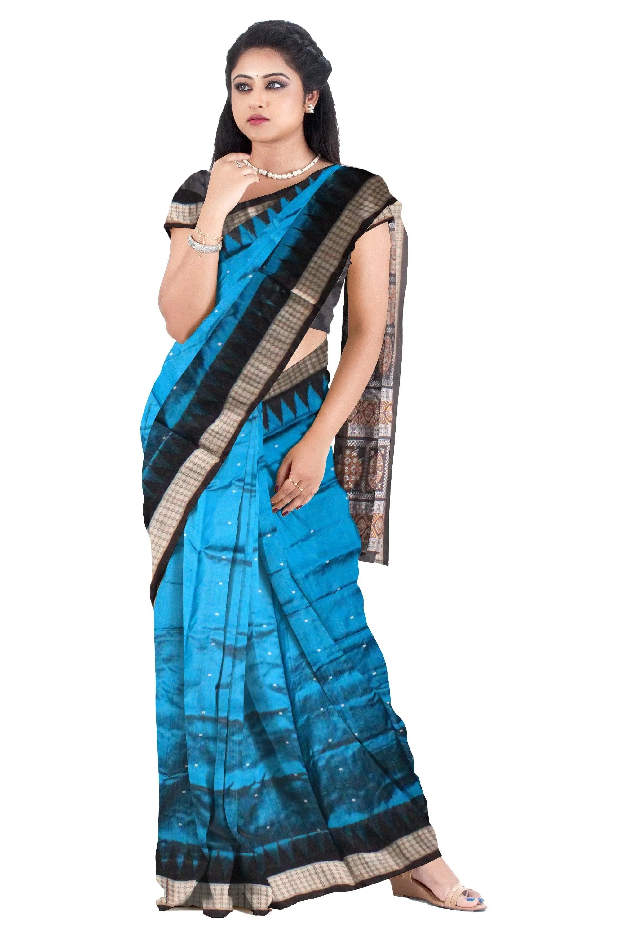 Blue color Sambalpuri Pata Saree, pallu print is flower design. - Koshali Arts & Crafts Enterprise