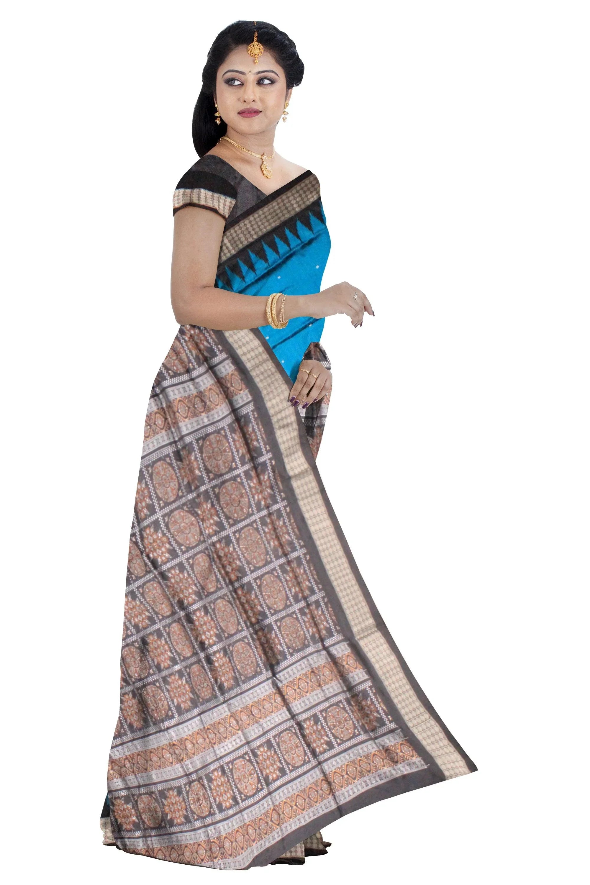 Blue color Sambalpuri Pata Saree, pallu print is flower design. - Koshali Arts & Crafts Enterprise