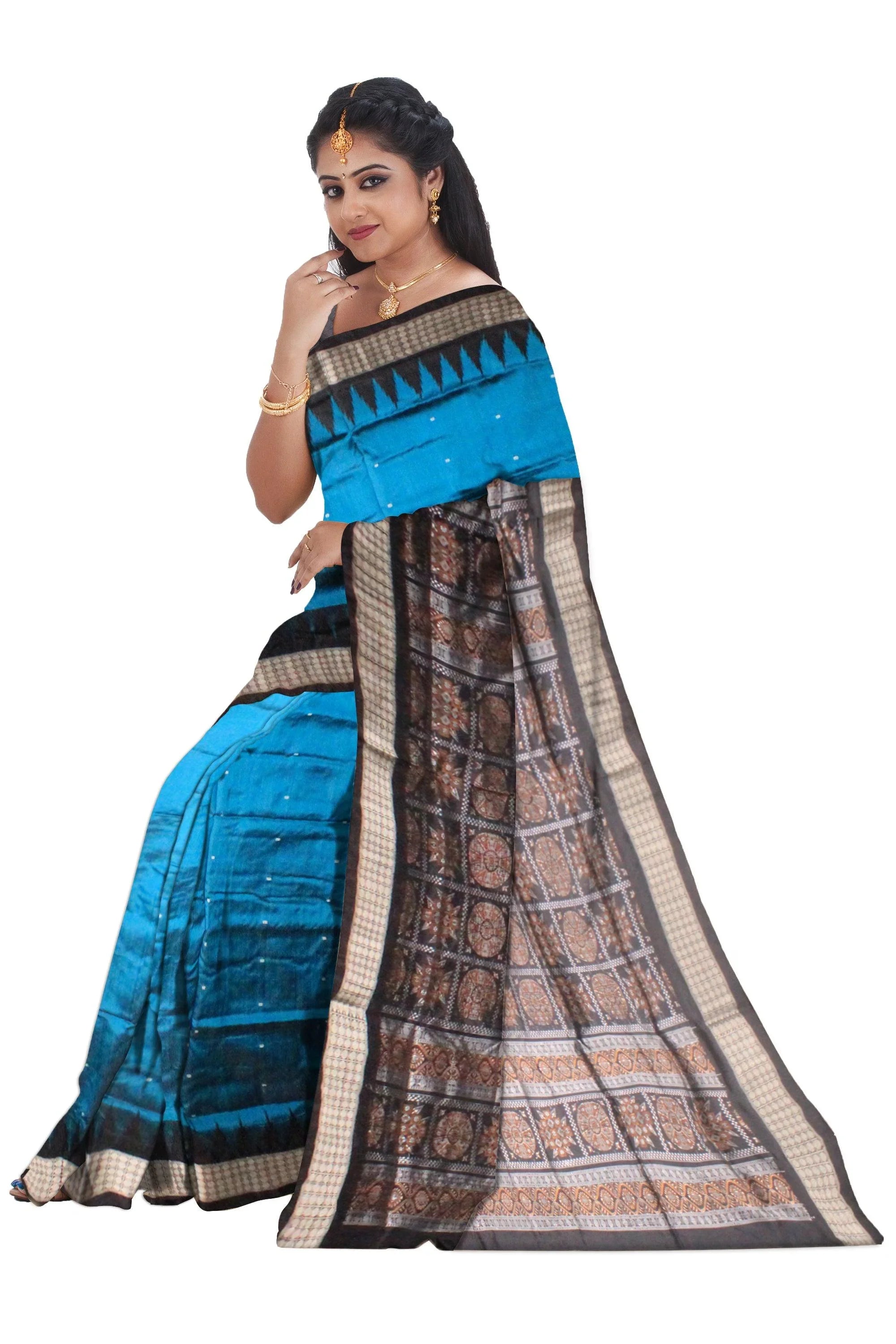 Blue color Sambalpuri Pata Saree, pallu print is flower design. - Koshali Arts & Crafts Enterprise