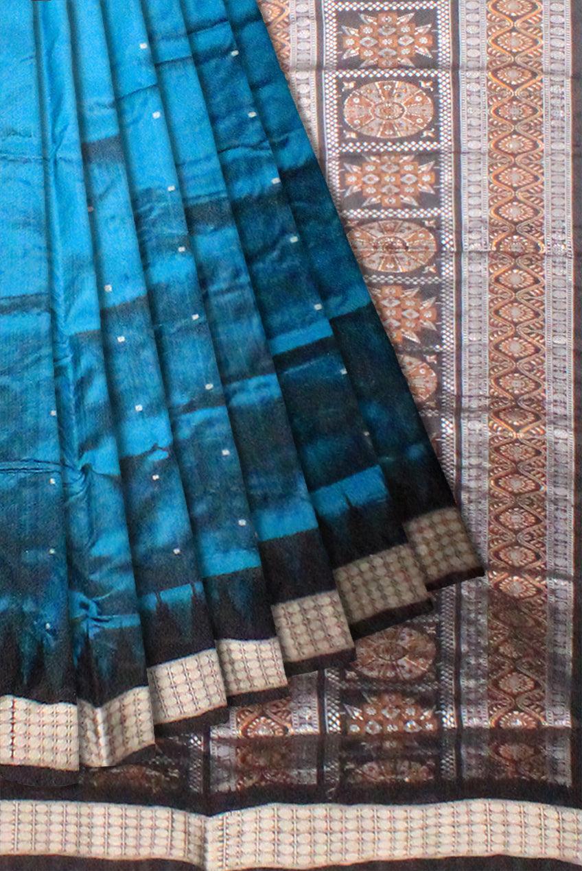 Blue color Sambalpuri Pata Saree, pallu print is flower design. - Koshali Arts & Crafts Enterprise