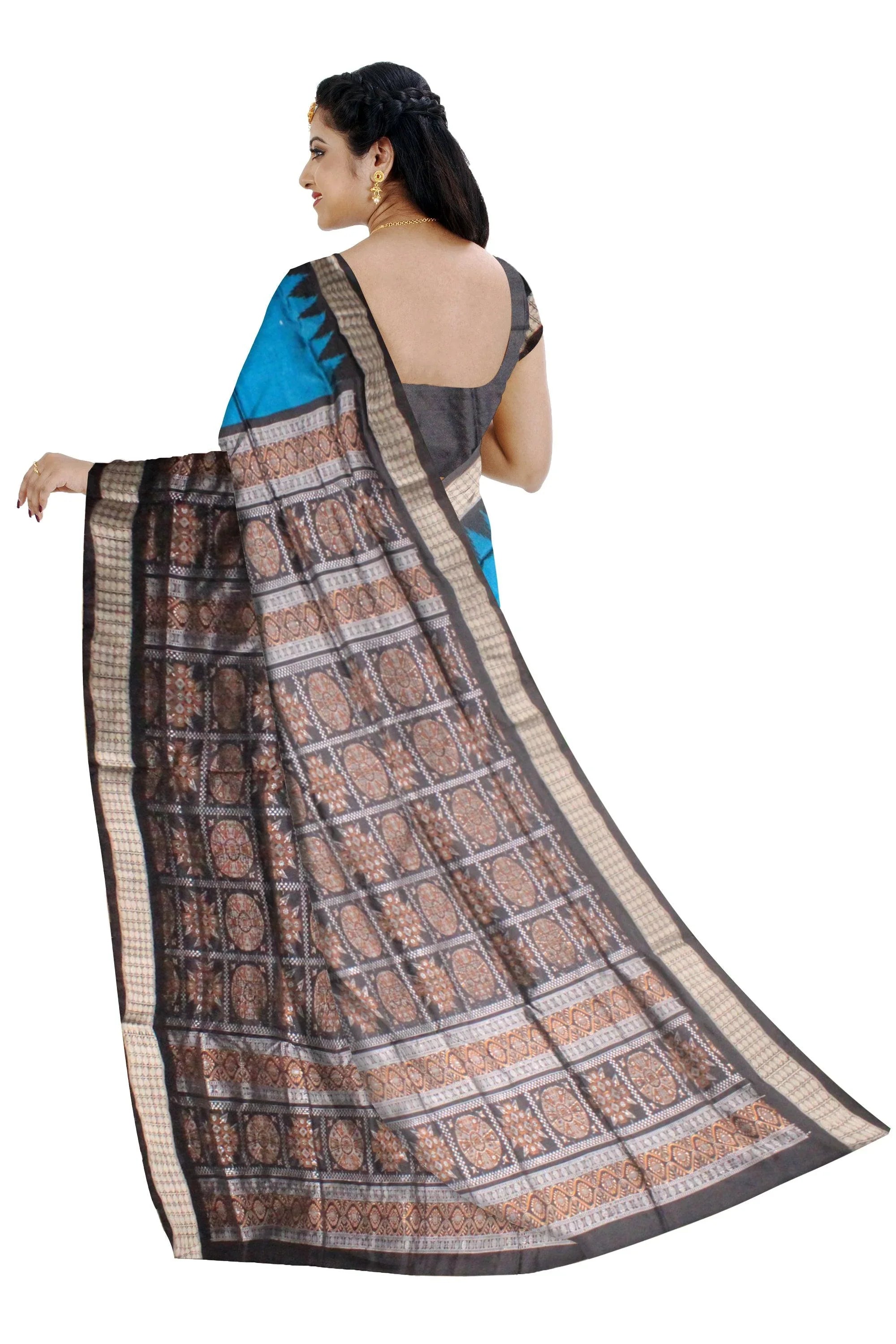 Blue color Sambalpuri Pata Saree, pallu print is flower design. - Koshali Arts & Crafts Enterprise