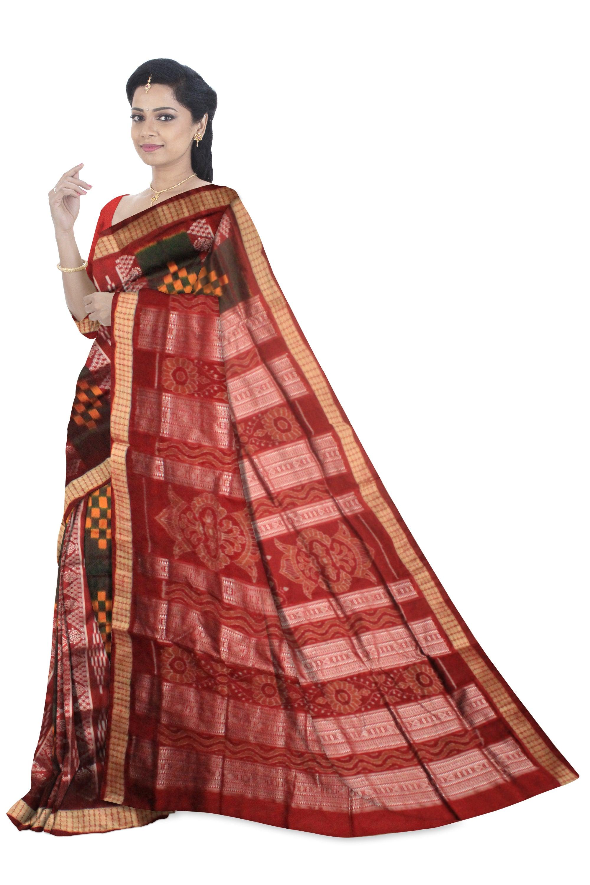 NEW DESIGN SAPTA PATTERN SAMBALPURI PATA SAREE IN BLACK AND RED COLOR BASE, WITH RED BLOUSE PIECE . - Koshali Arts & Crafts Enterprise