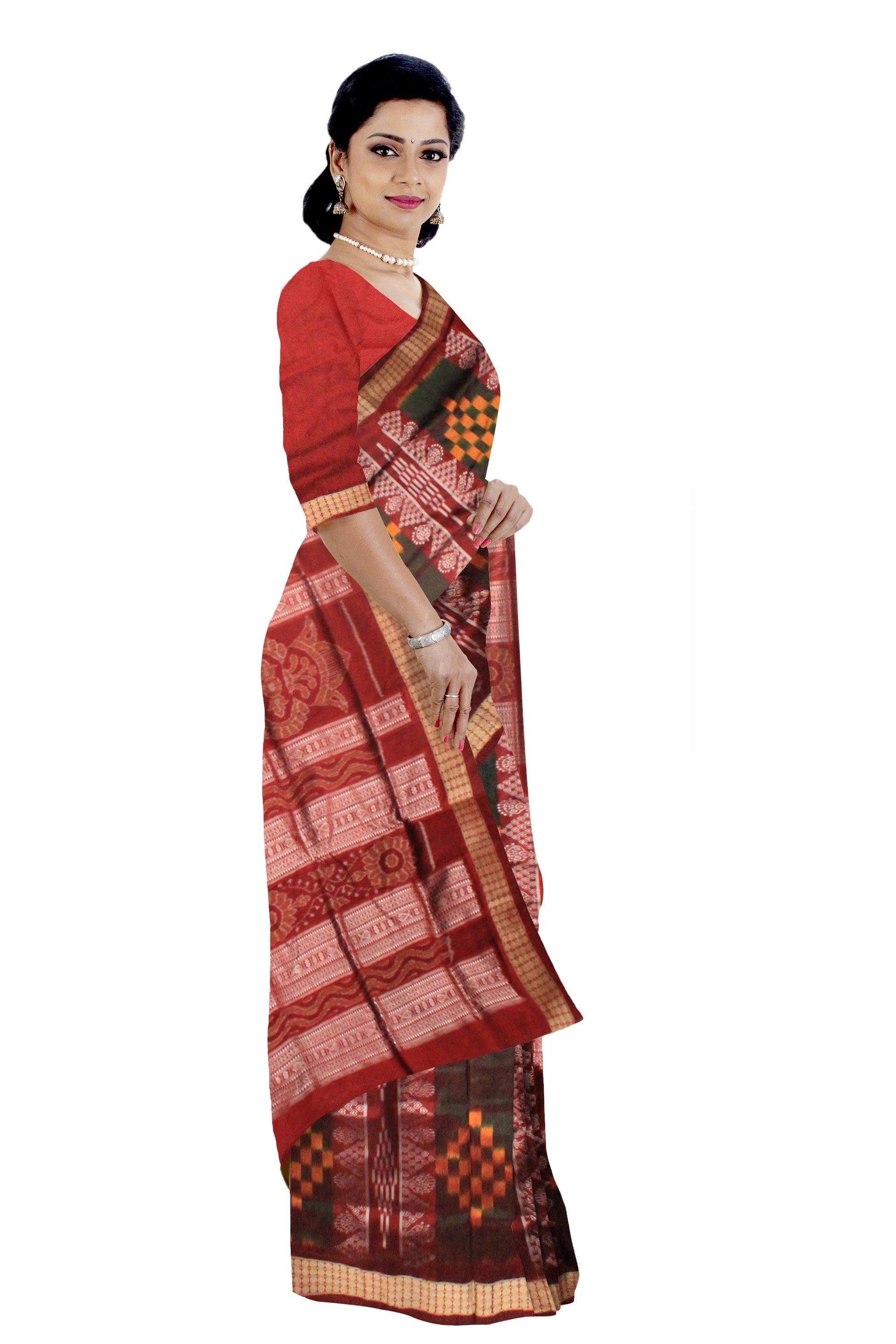 NEW DESIGN SAPTA PATTERN SAMBALPURI PATA SAREE IN BLACK AND RED COLOR BASE, WITH RED BLOUSE PIECE . - Koshali Arts & Crafts Enterprise