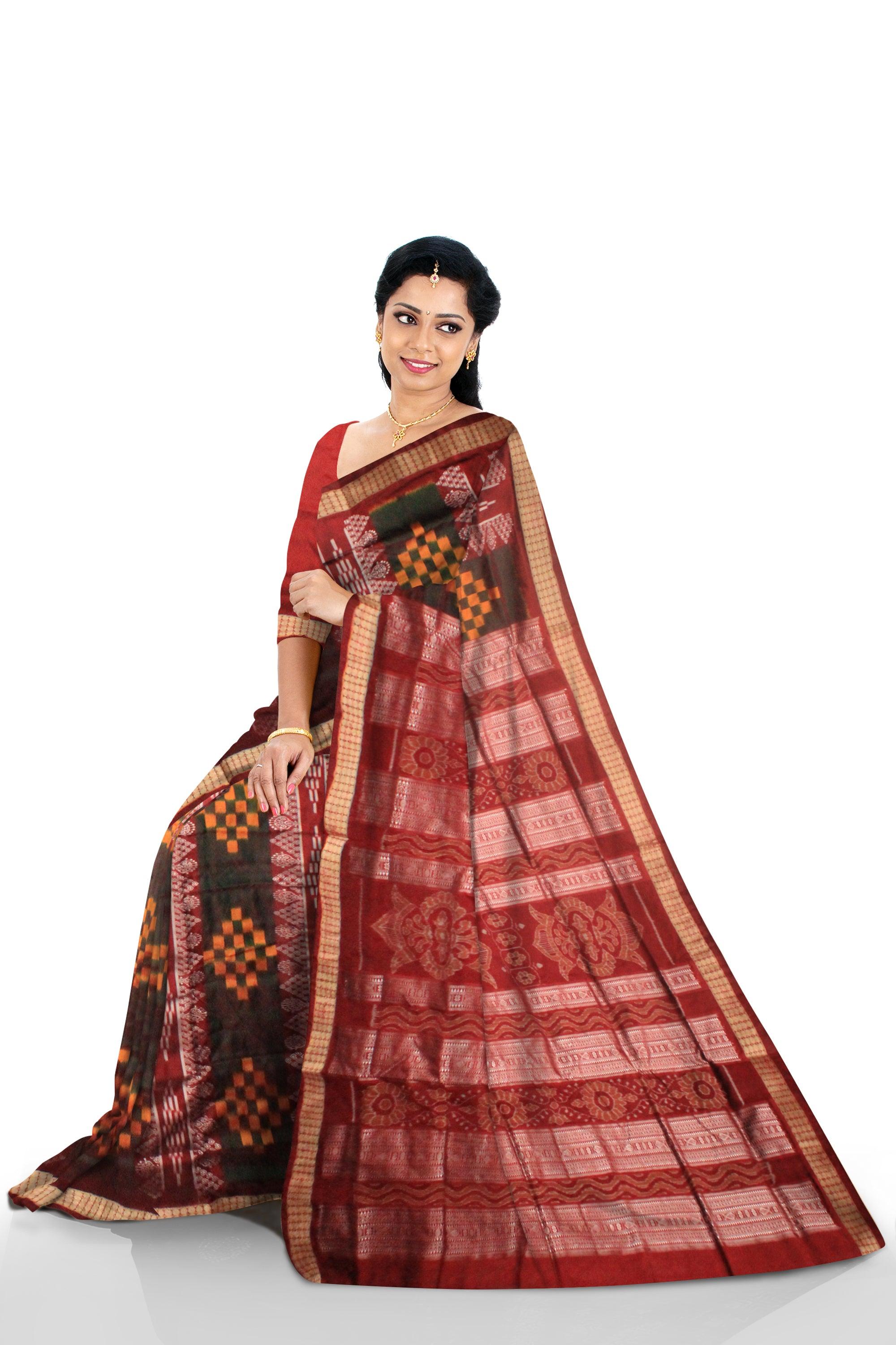 NEW DESIGN SAPTA PATTERN SAMBALPURI PATA SAREE IN BLACK AND RED COLOR BASE, WITH RED BLOUSE PIECE . - Koshali Arts & Crafts Enterprise