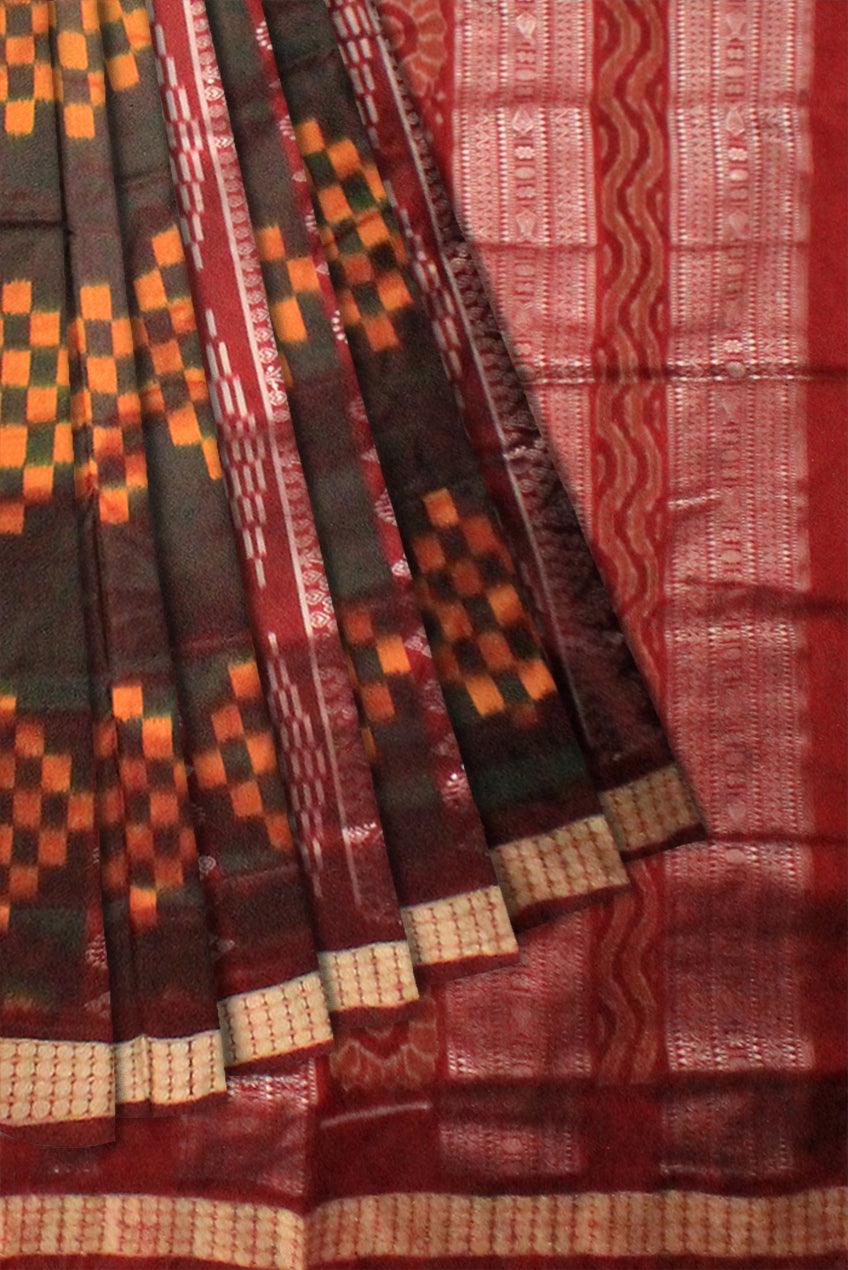 NEW DESIGN SAPTA PATTERN SAMBALPURI PATA SAREE IN BLACK AND RED COLOR BASE, WITH RED BLOUSE PIECE . - Koshali Arts & Crafts Enterprise