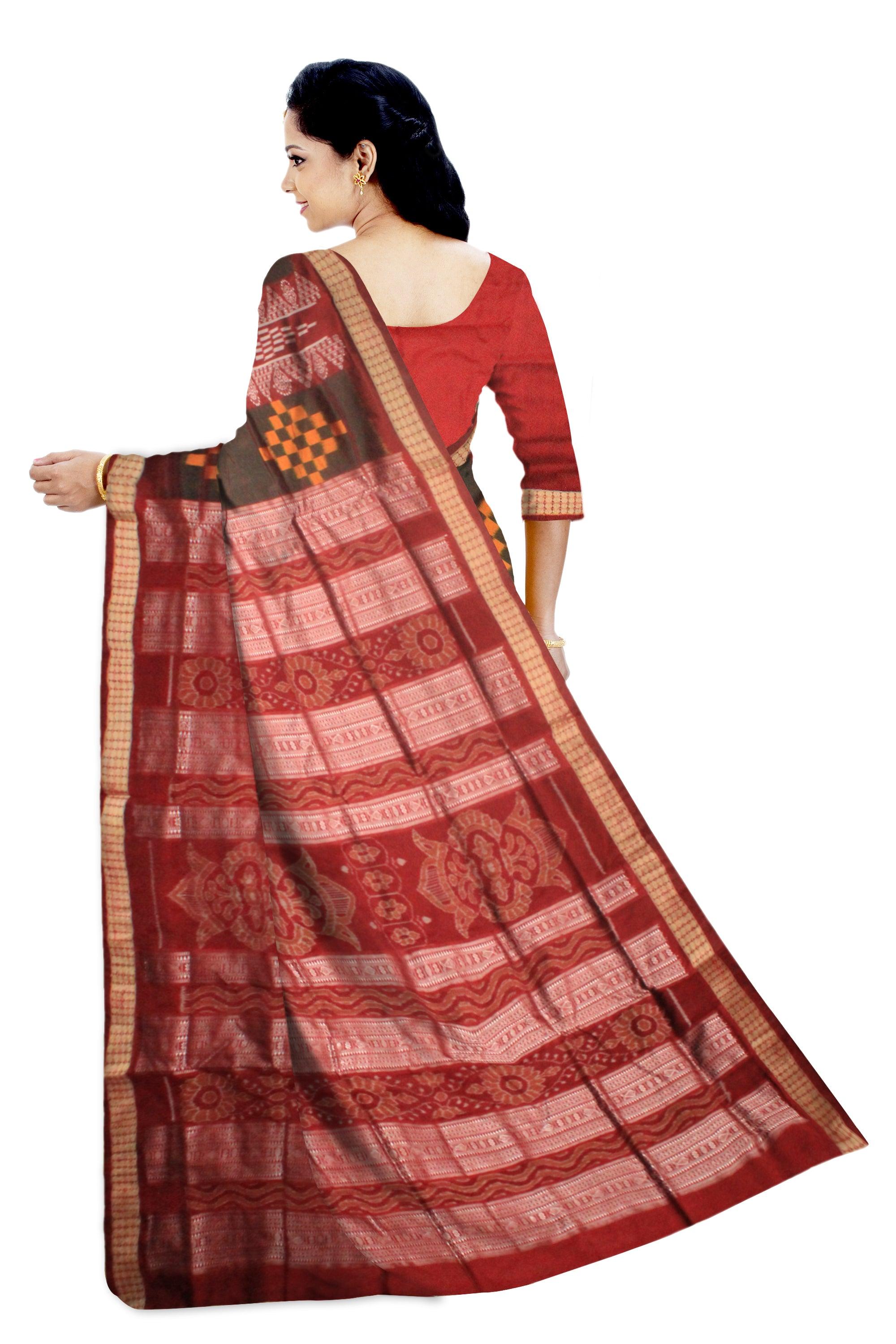 NEW DESIGN SAPTA PATTERN SAMBALPURI PATA SAREE IN BLACK AND RED COLOR BASE, WITH RED BLOUSE PIECE . - Koshali Arts & Crafts Enterprise