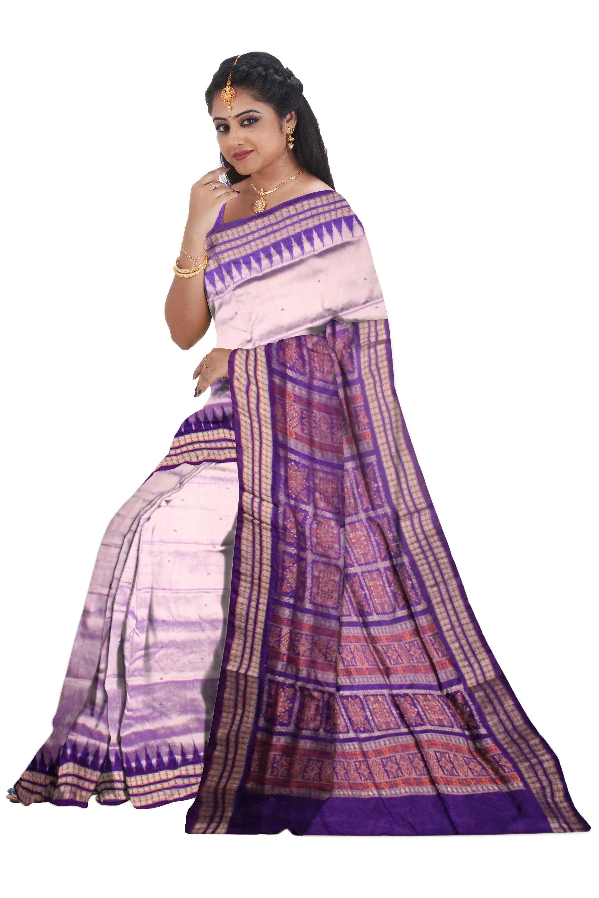 Violet and silver color botty pata saree. - Koshali Arts & Crafts Enterprise