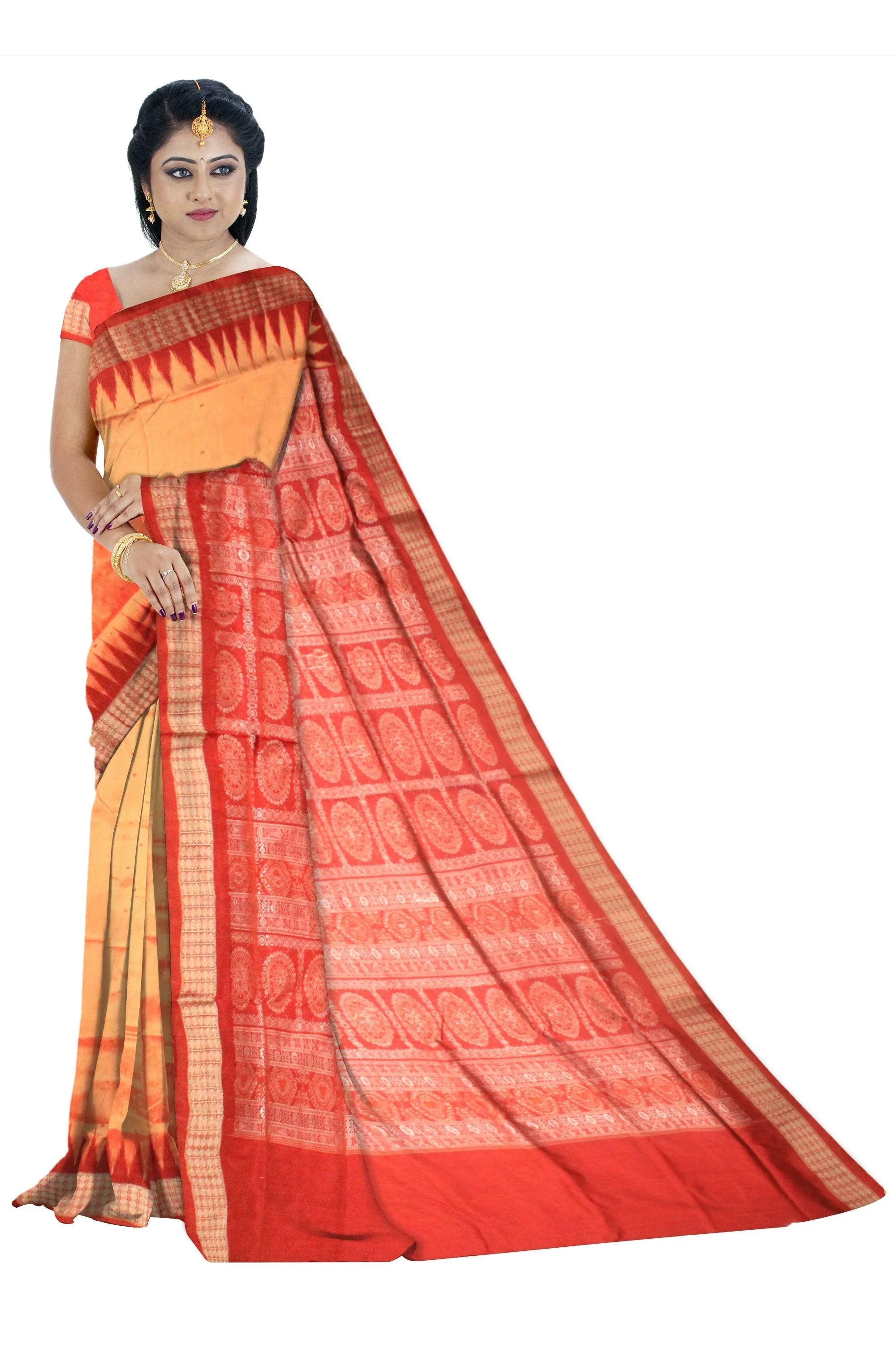 Yellow and red color Sambalpuri Pata Saree. - Koshali Arts & Crafts Enterprise
