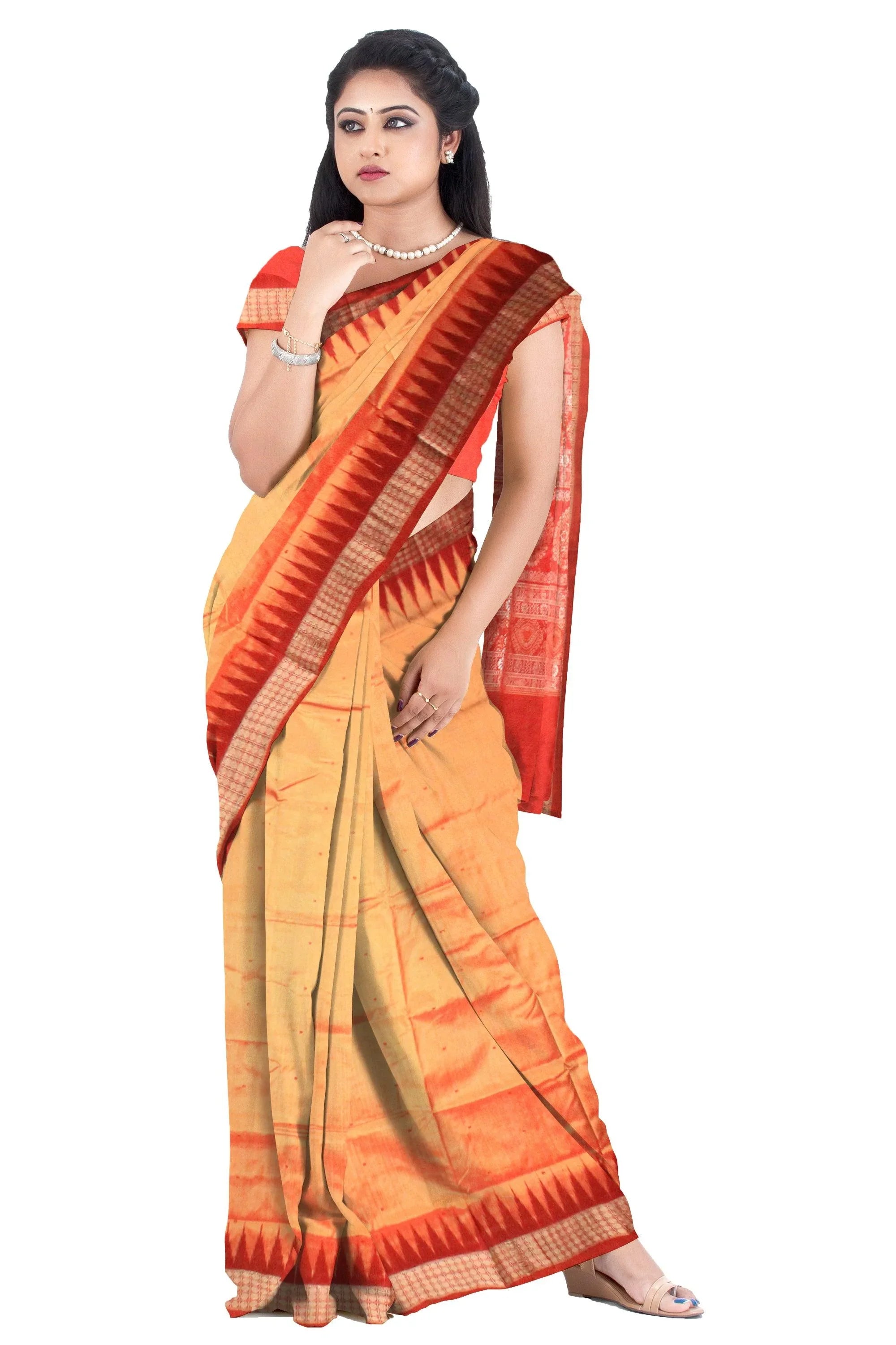 Yellow and red color Sambalpuri Pata Saree. - Koshali Arts & Crafts Enterprise