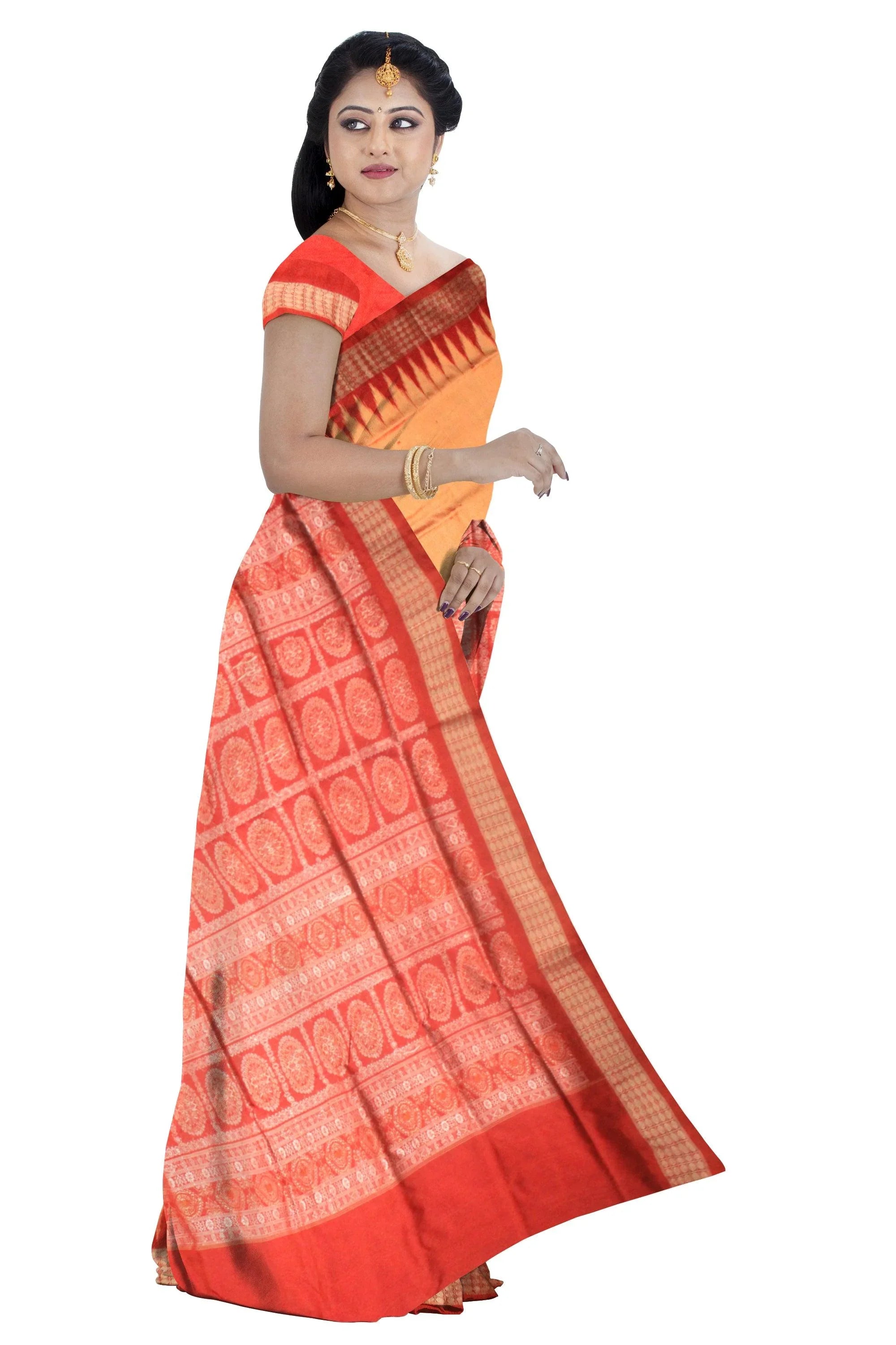 Yellow and red color Sambalpuri Pata Saree. - Koshali Arts & Crafts Enterprise