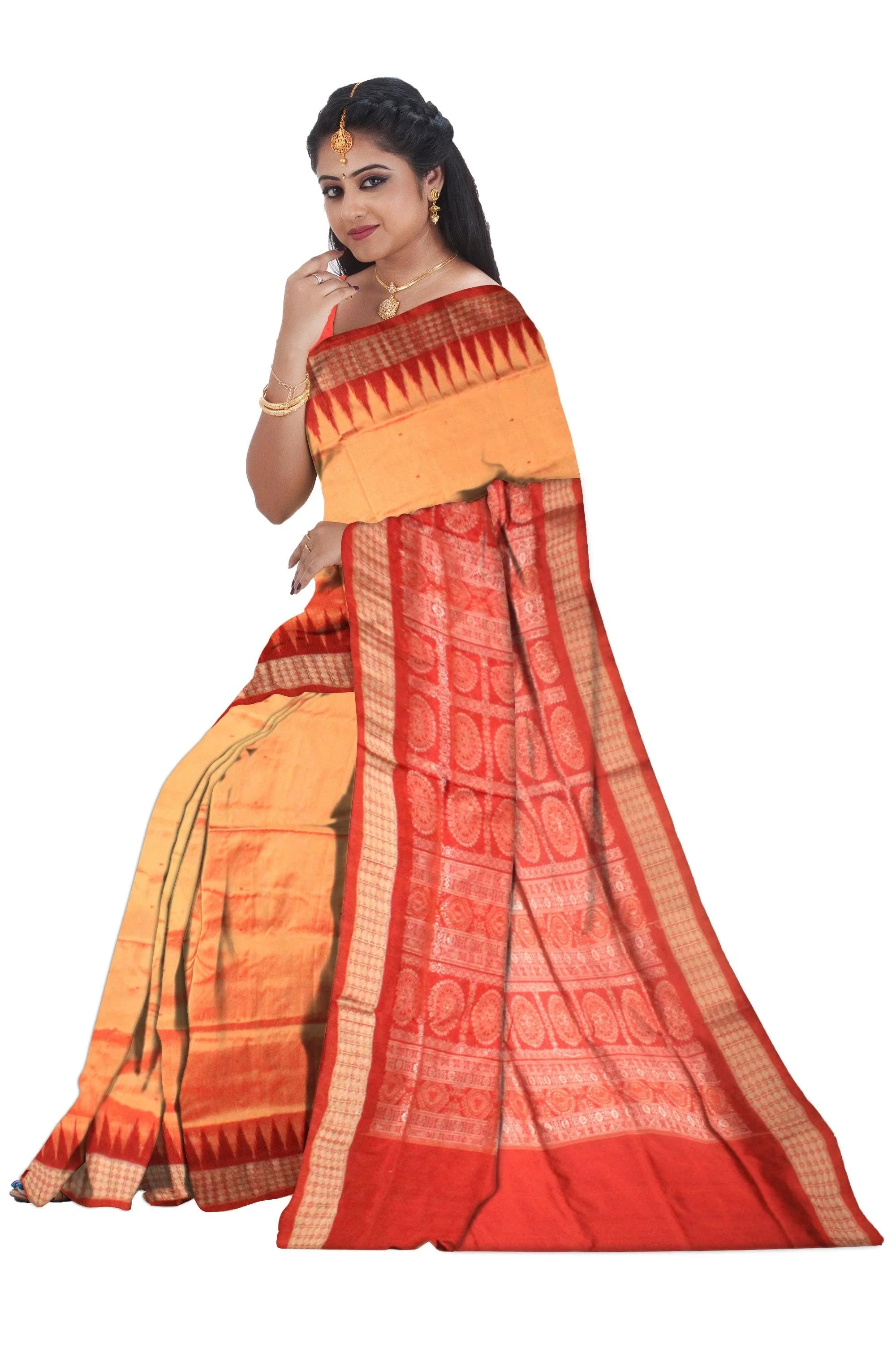 Yellow and red color Sambalpuri Pata Saree. - Koshali Arts & Crafts Enterprise