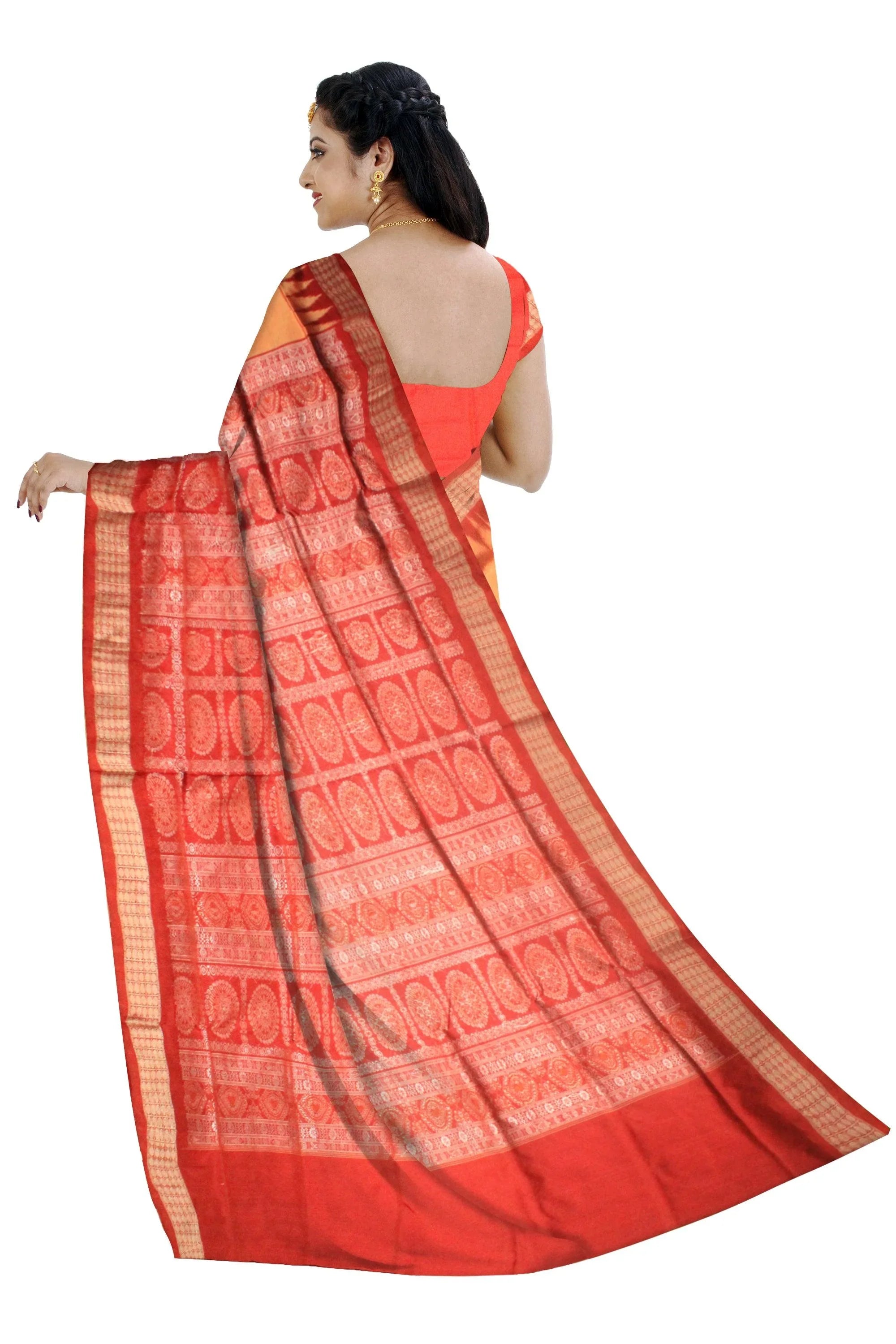Yellow and red color Sambalpuri Pata Saree. - Koshali Arts & Crafts Enterprise
