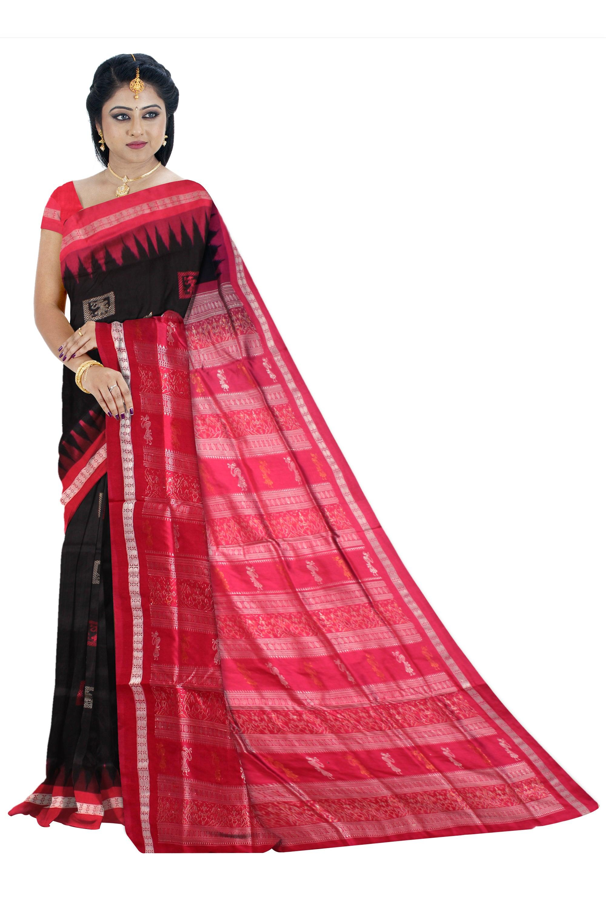 Black and Red color Bomkei Sambalpuri pata saree with blouse piece. - Koshali Arts & Crafts Enterprise