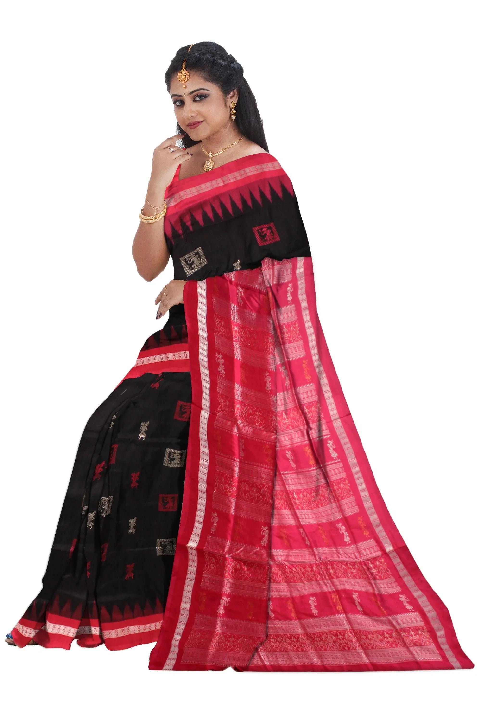 Black and Red color Bomkei Sambalpuri pata saree with blouse piece. - Koshali Arts & Crafts Enterprise