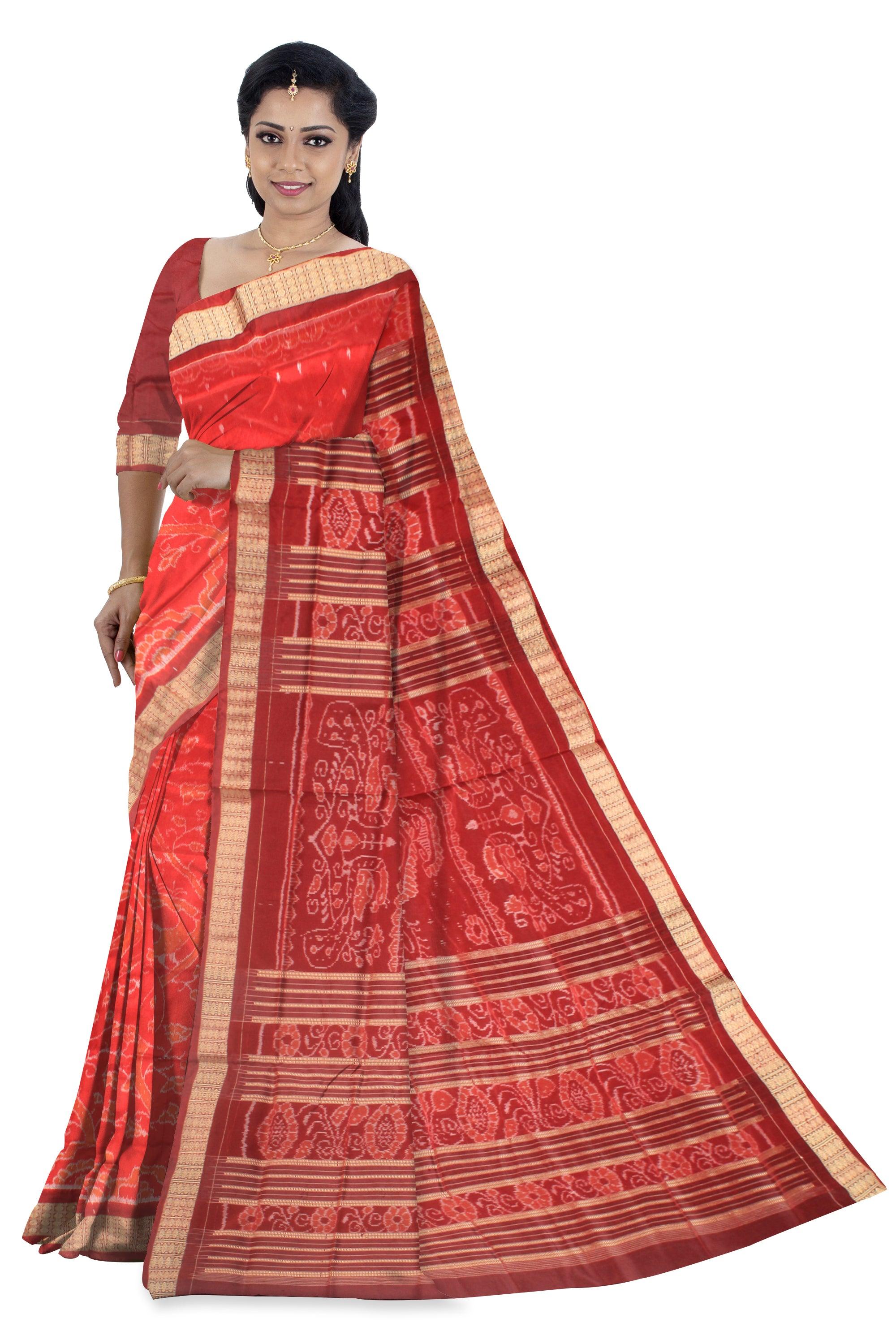Sambalpuri Pata Saree in Maroon and Red color creeper Design with blouse piece. - Koshali Arts & Crafts Enterprise