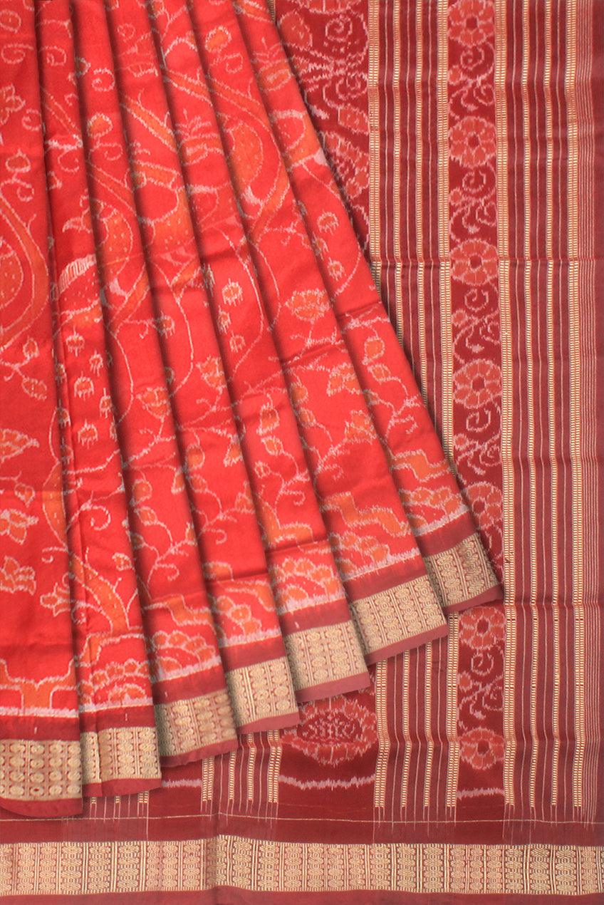 Sambalpuri Pata Saree in Maroon and Red  color creeper Design with blouse piece. - Koshali Arts & Crafts Enterprise