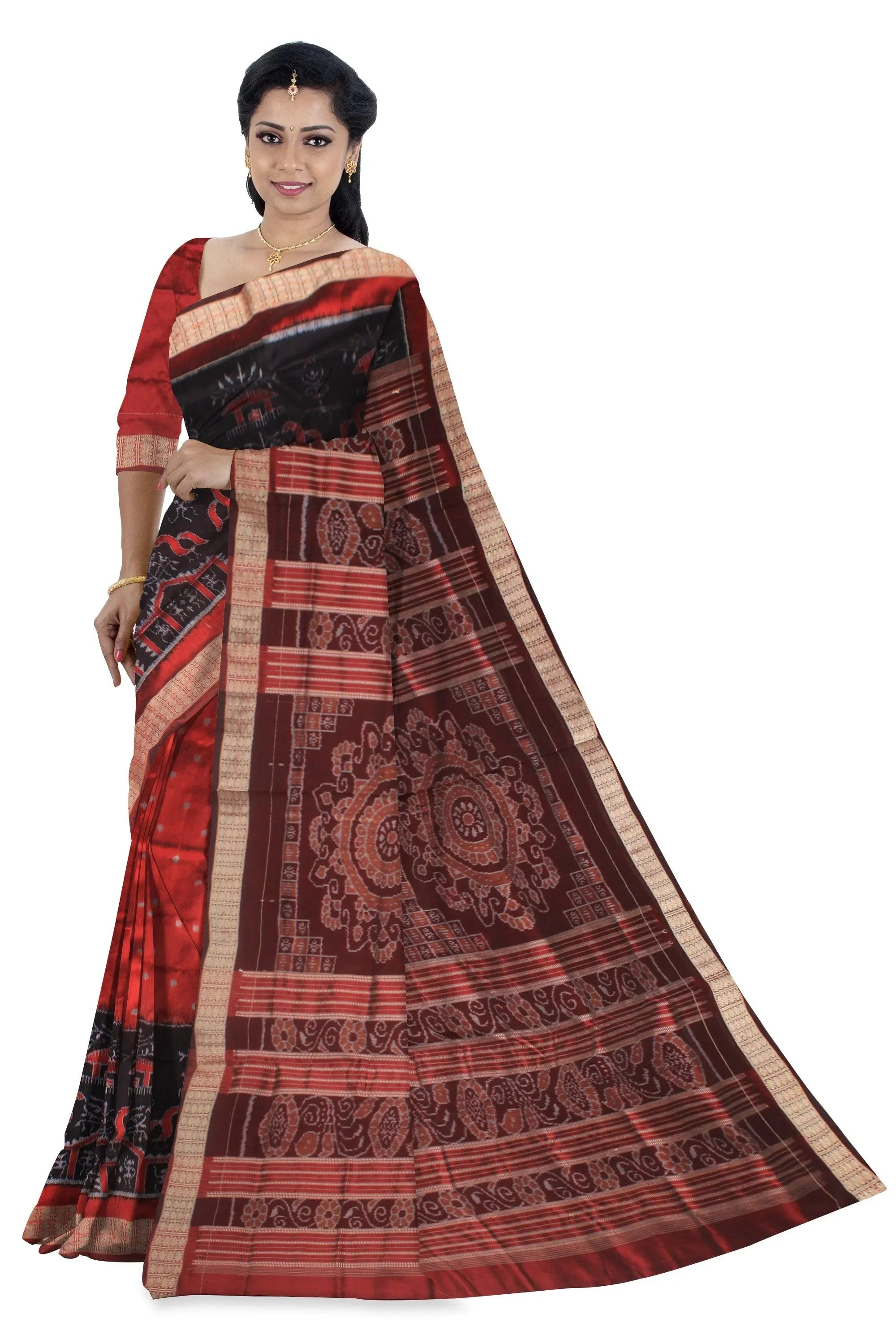 Traditional terracotta with small house pattern pure silk saree is maroon and black color base, with matching blouse piece. - Koshali Arts & Crafts Enterprise