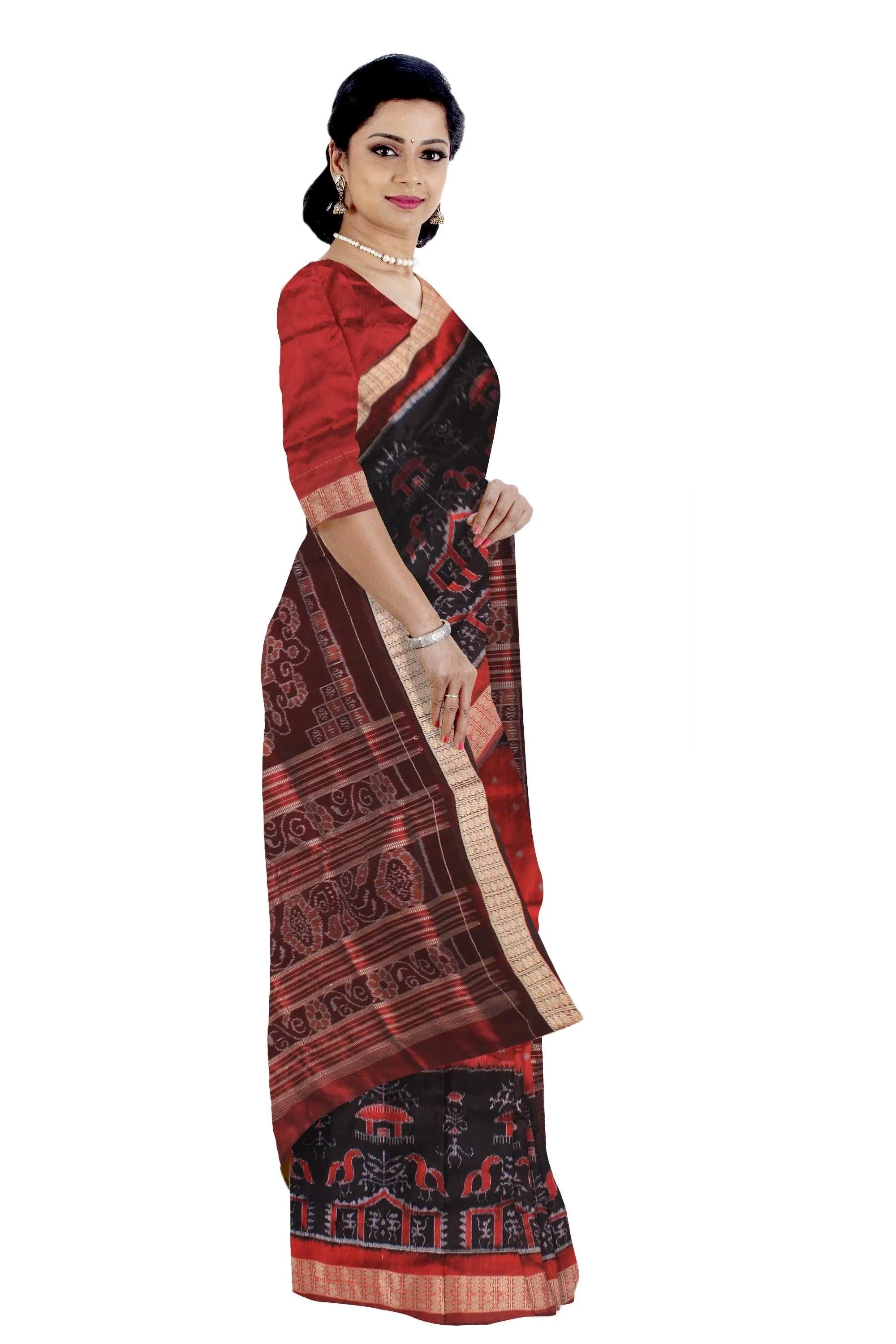 Traditional terracotta with small house pattern pure silk saree is maroon and black color base, with matching blouse piece. - Koshali Arts & Crafts Enterprise