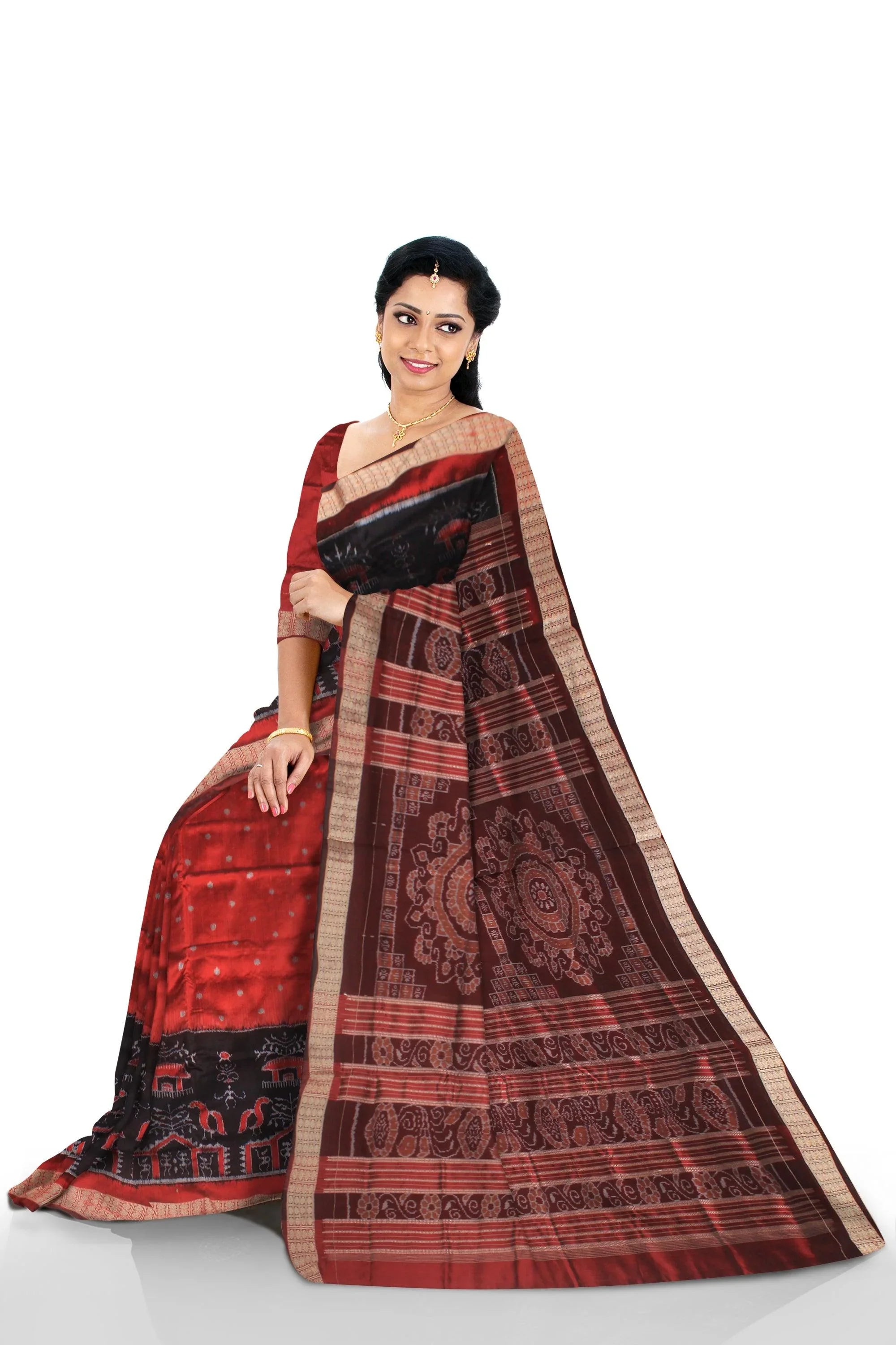 Traditional terracotta with small house pattern pure silk saree is maroon and black color base, with matching blouse piece. - Koshali Arts & Crafts Enterprise