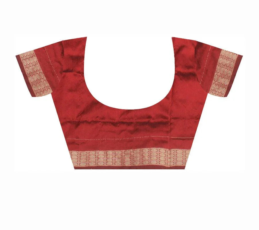 Traditional terracotta with small house pattern pure silk saree is maroon and black color base, with matching blouse piece. - Koshali Arts & Crafts Enterprise