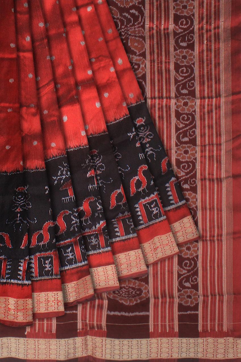 Traditional terracotta with small house pattern pure silk saree is maroon and black color base, with matching blouse piece. - Koshali Arts & Crafts Enterprise